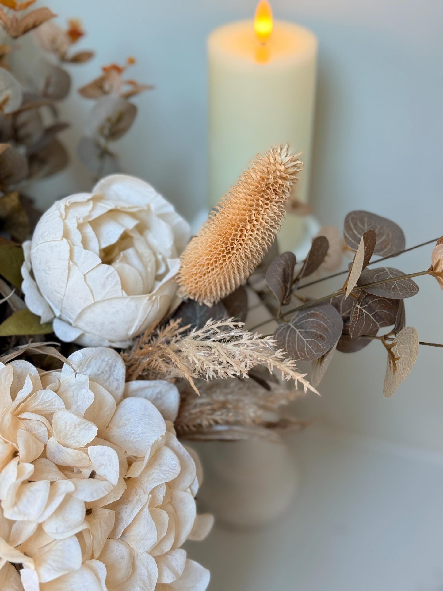 Sophia | Handmade Autumn Dried Look Boho Faux Flower Arrangement with Peonies, Hydrangea, Pampas & Eucalyptus | Neutral Wedding Flowers