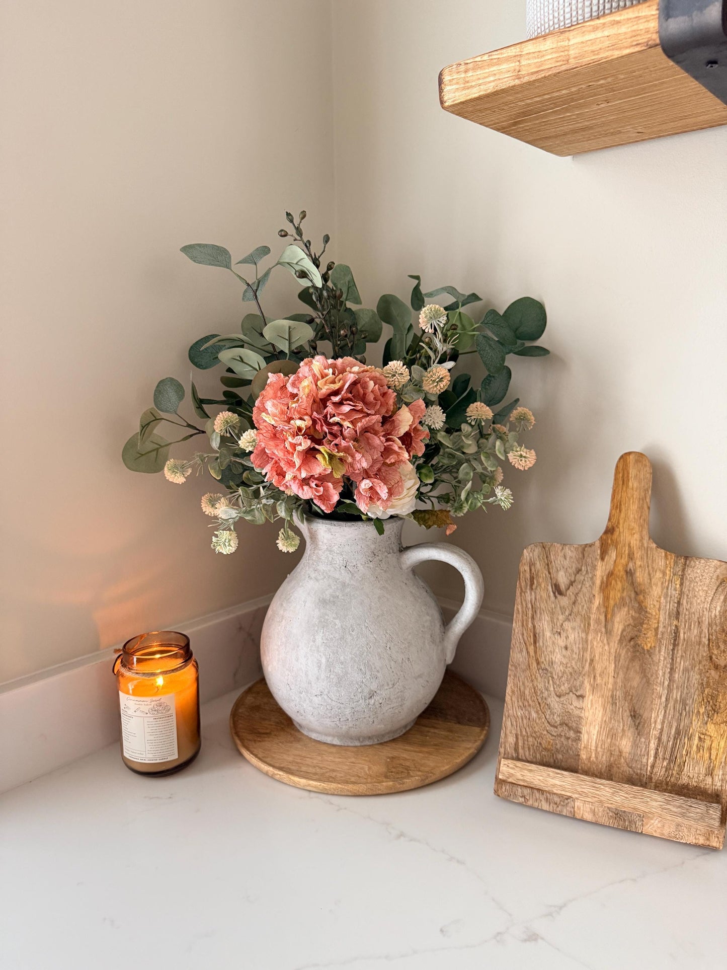 Mabel – Handmade Luxury Silk Autumn Floral Arrangement | Rustic Jug Vase | Hydrangea, Ranunculus and Eucalyptus