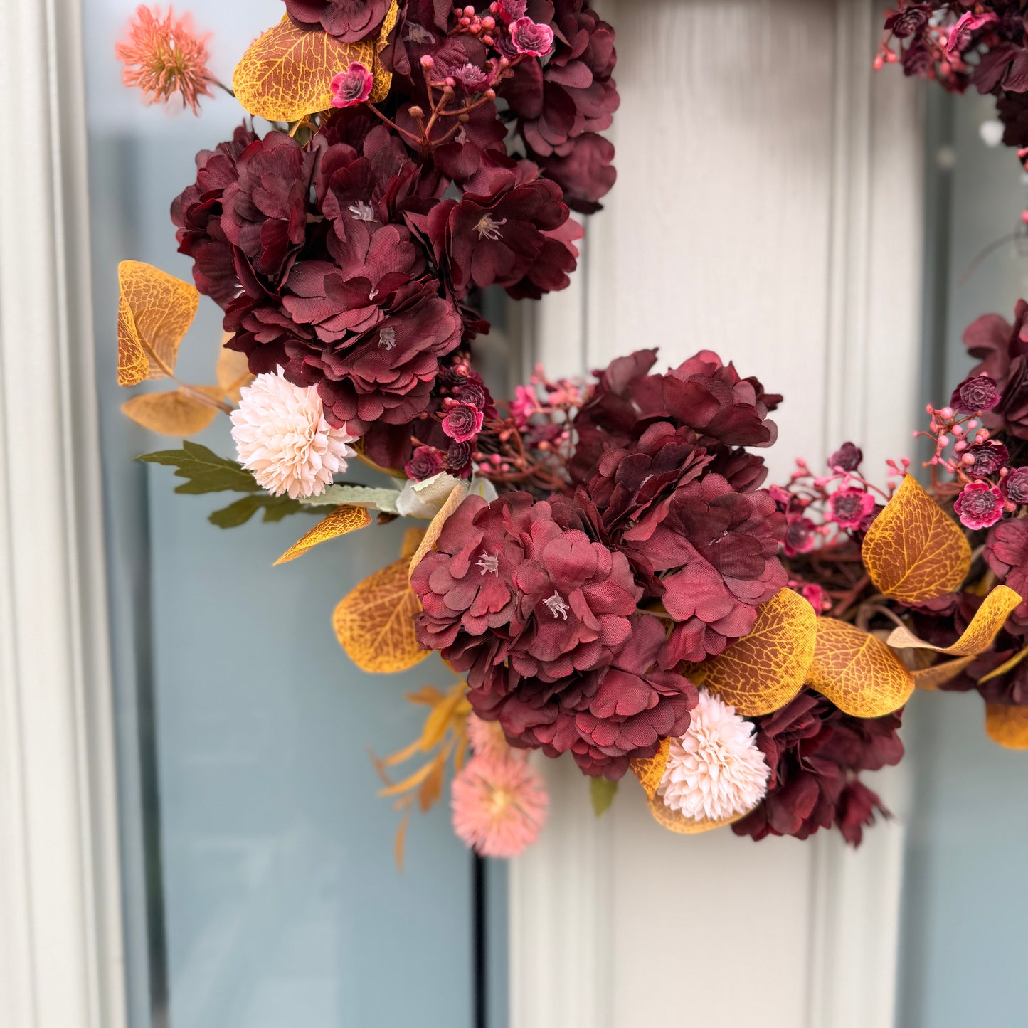 Autumn Burgundy & Mustard Floral Door Wreath | Handmade Front Door Decoration | Fall Hydrangea Wreath | Rustic Home Decor