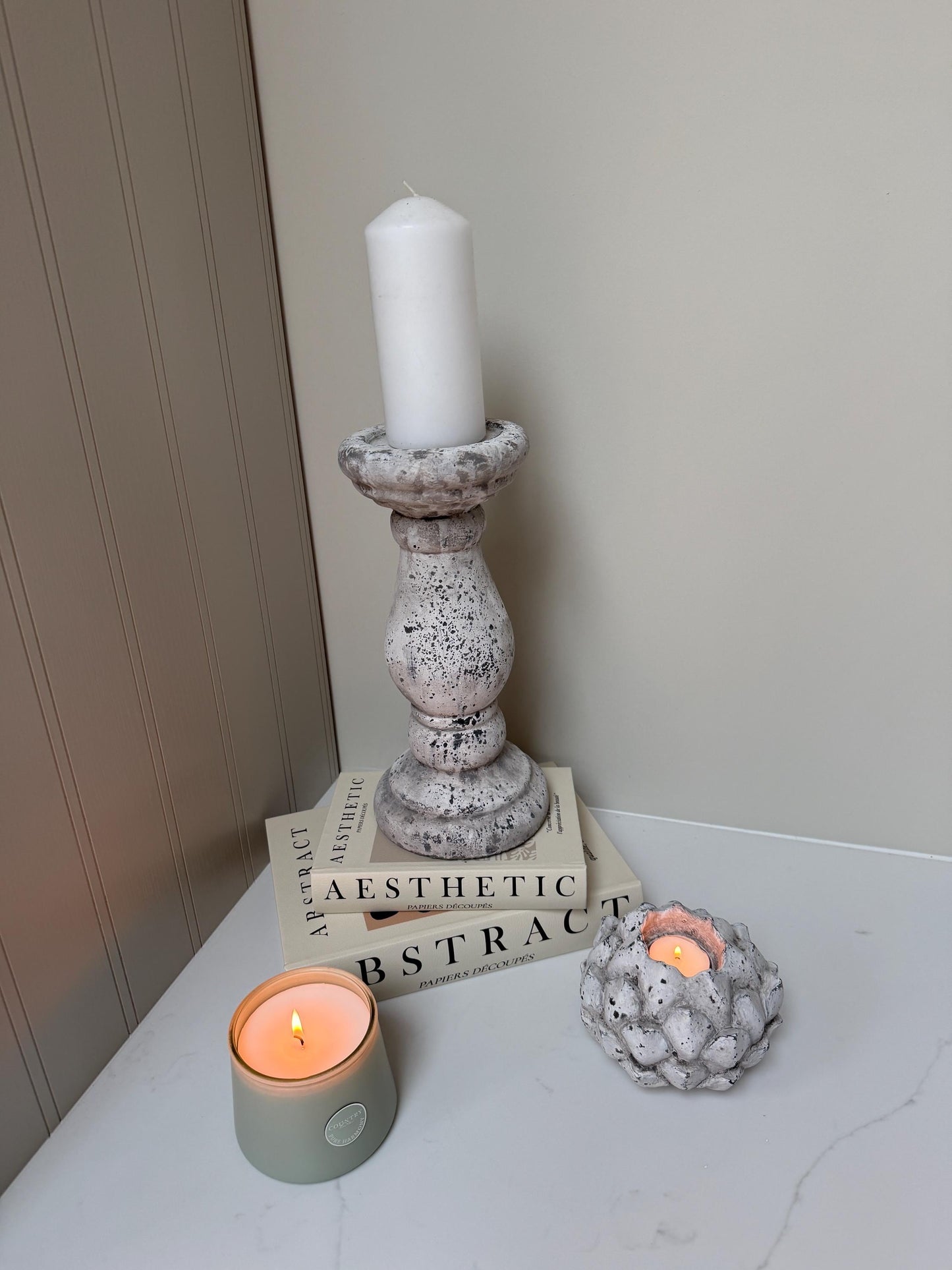 Handcrafted Neutral Ceramic Pillar Candle Stick Holder Stand