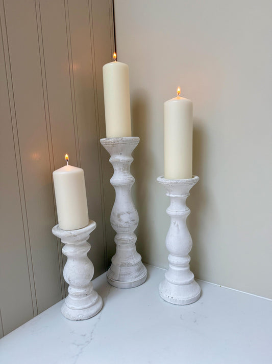 Handcrafted Whitewashed Stone Pillar Candle Stick Stand Holders