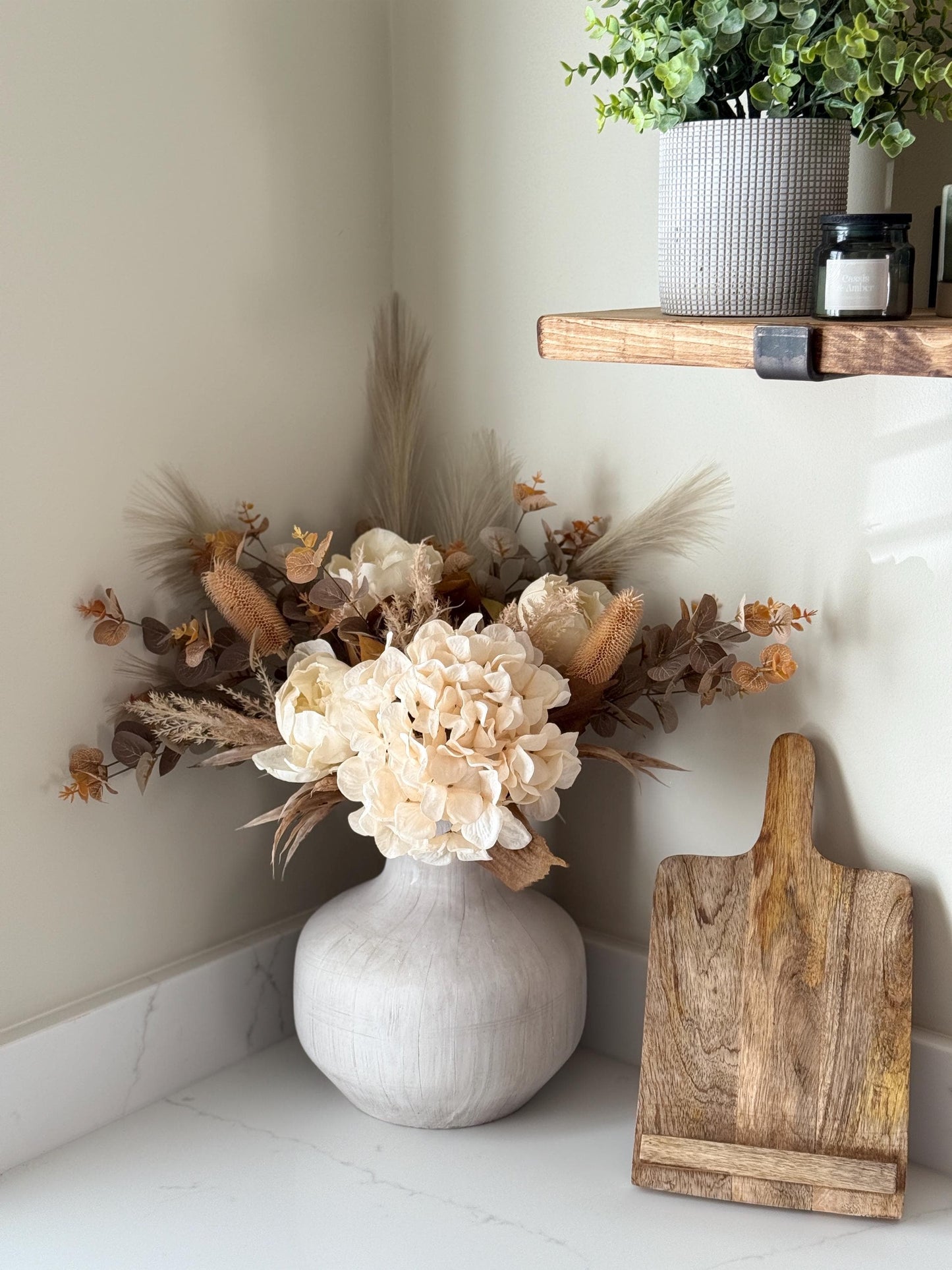 Sophia | Handmade Autumn Dried Look Boho Faux Flower Arrangement with Peonies, Hydrangea, Pampas & Eucalyptus | Neutral Wedding Flowers