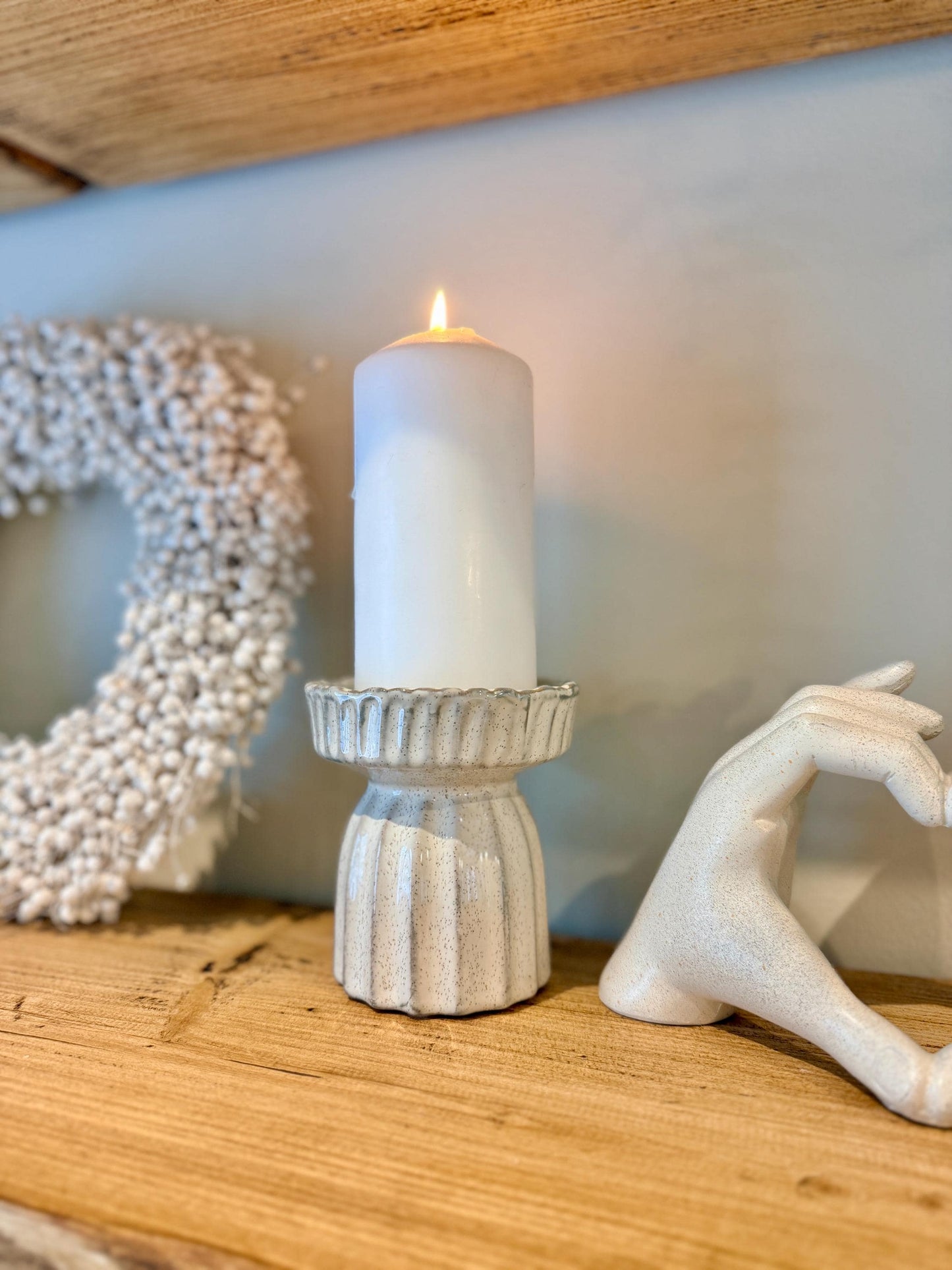 Handcrafted Neutral Ceramic Ribbed Beige Pillar Candle Stick Holder Stand