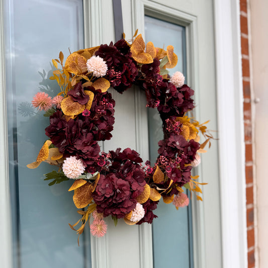 Autumn Burgundy & Mustard Floral Door Wreath | Handmade Front Door Decoration | Fall Hydrangea Wreath | Rustic Home Decor