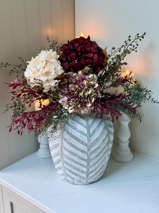 Luxury Silk Autumn Floral Arrangement | Blush & Burgundy Hydrangeas