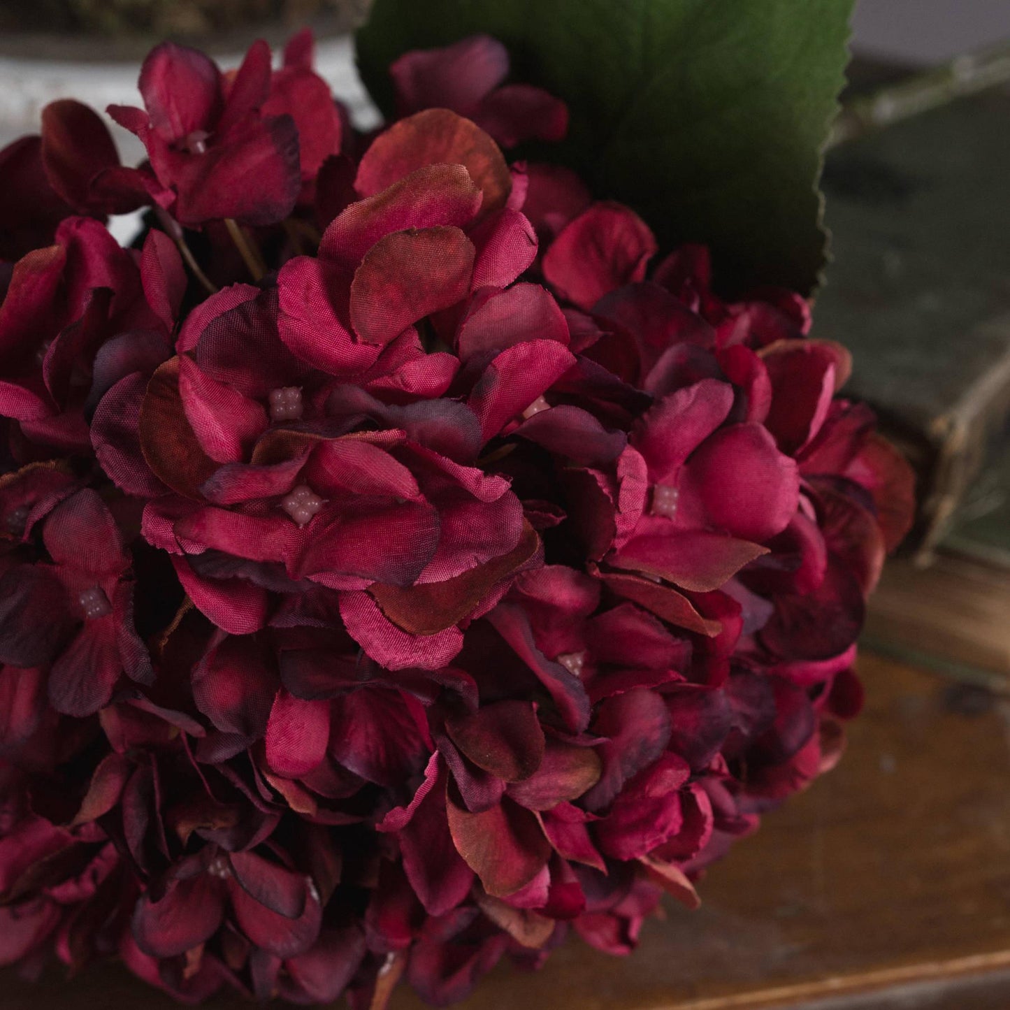 Autumn Ruby Red Burgundy Artificial Hydrangea Stems | 42cm Silk Faux Flowers