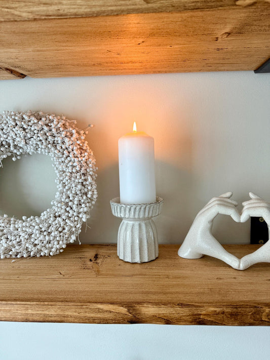 Handcrafted Neutral Ceramic Ribbed Beige Pillar Candle Stick Holder Stand