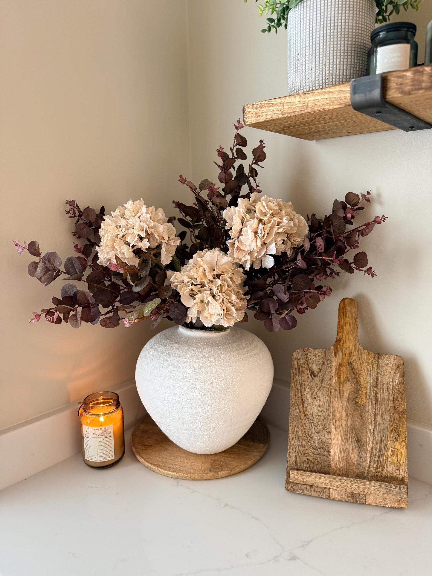 Handmade Luxury Silk Autumn Floral Arrangement | Burgundy and Blush Dried Hydrangea Artificial Flower Bouquet with White Vase - "Nala"