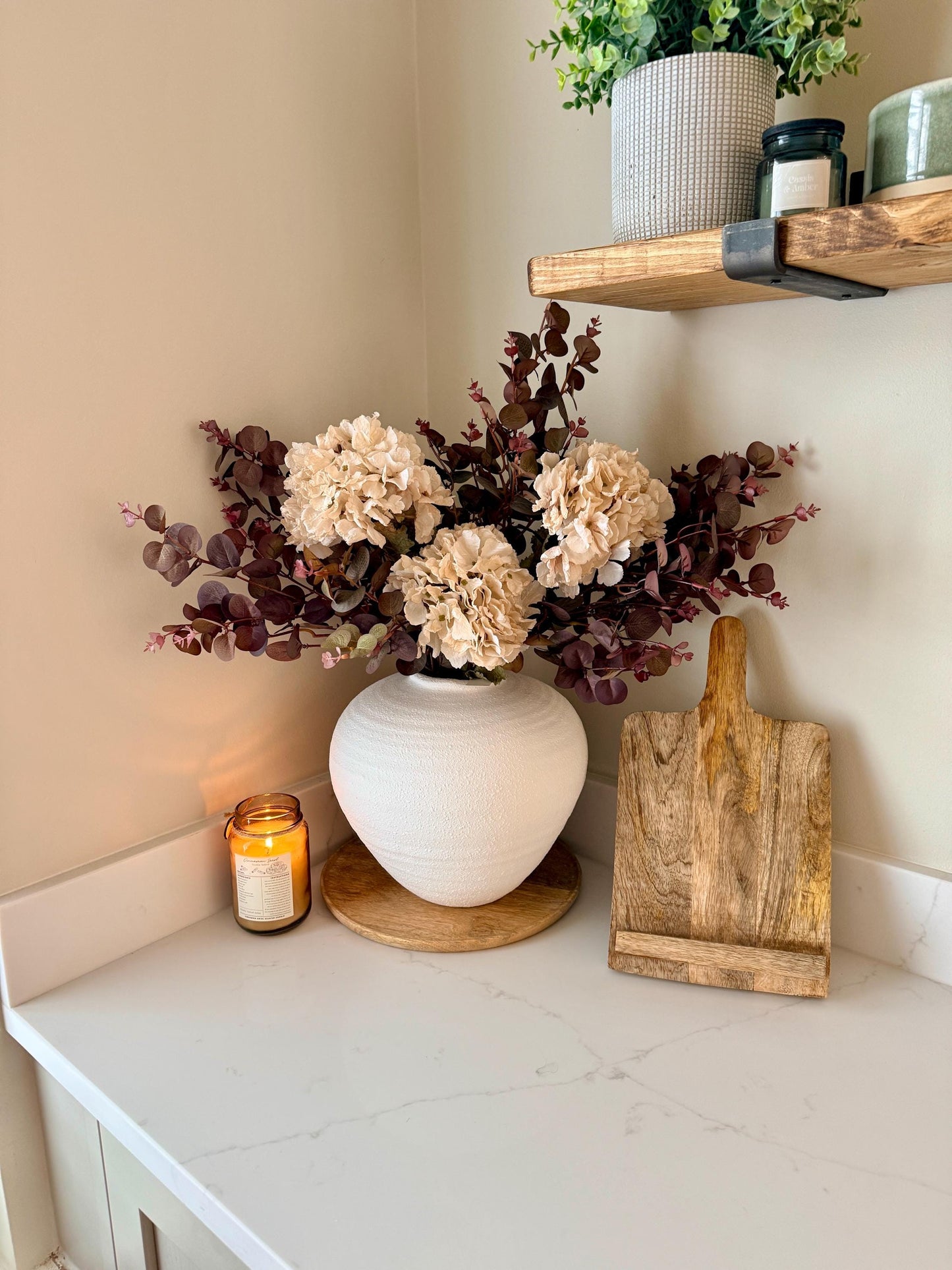 Handmade Luxury Silk Autumn Floral Arrangement | Burgundy and Blush Dried Hydrangea Artificial Flower Bouquet with White Vase - "Nala"