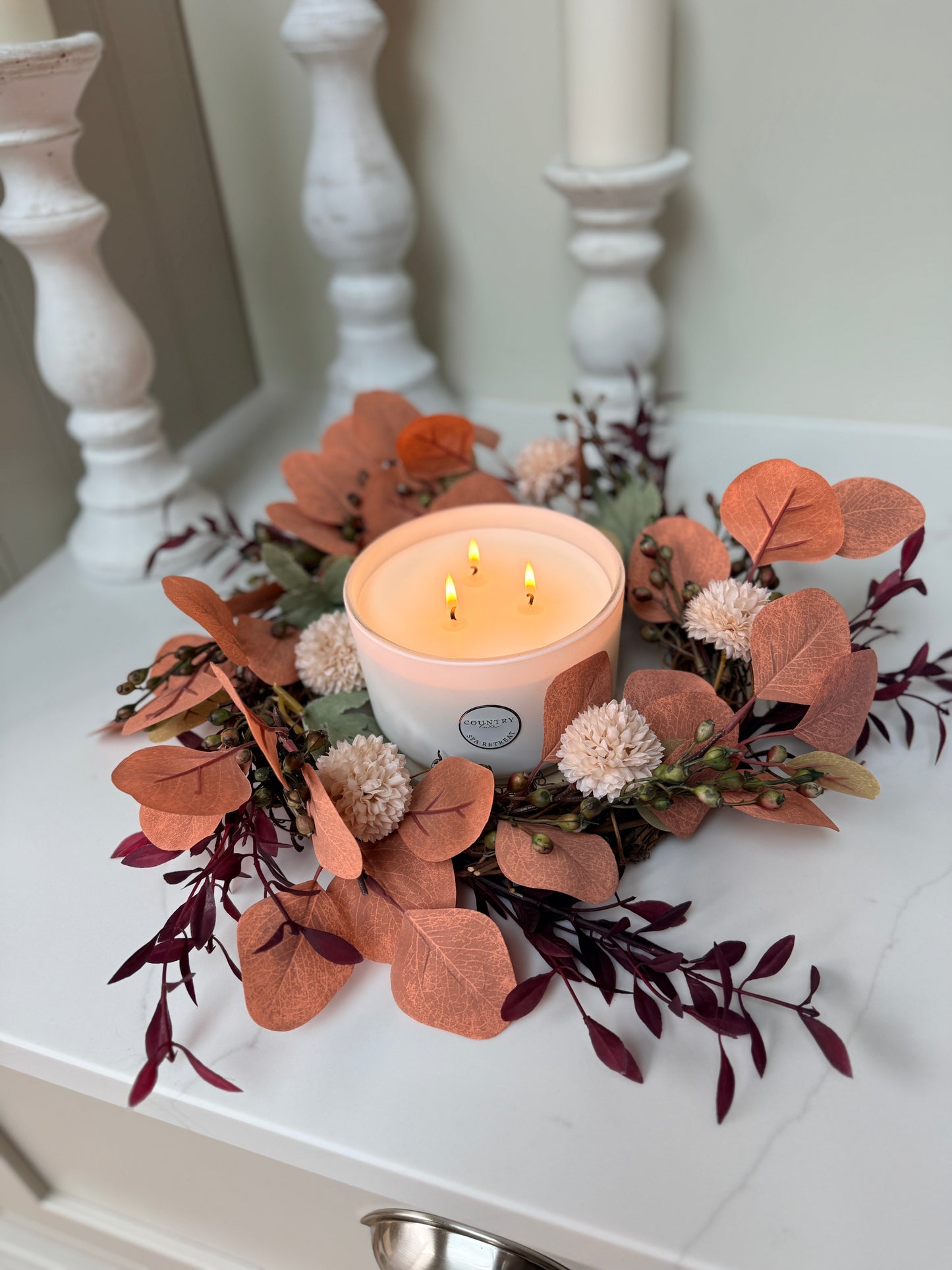 Autumn Eucalyptus Candle  Door Wreath – Burnt Orange & Blush Faux Floral Arrangement’s Red