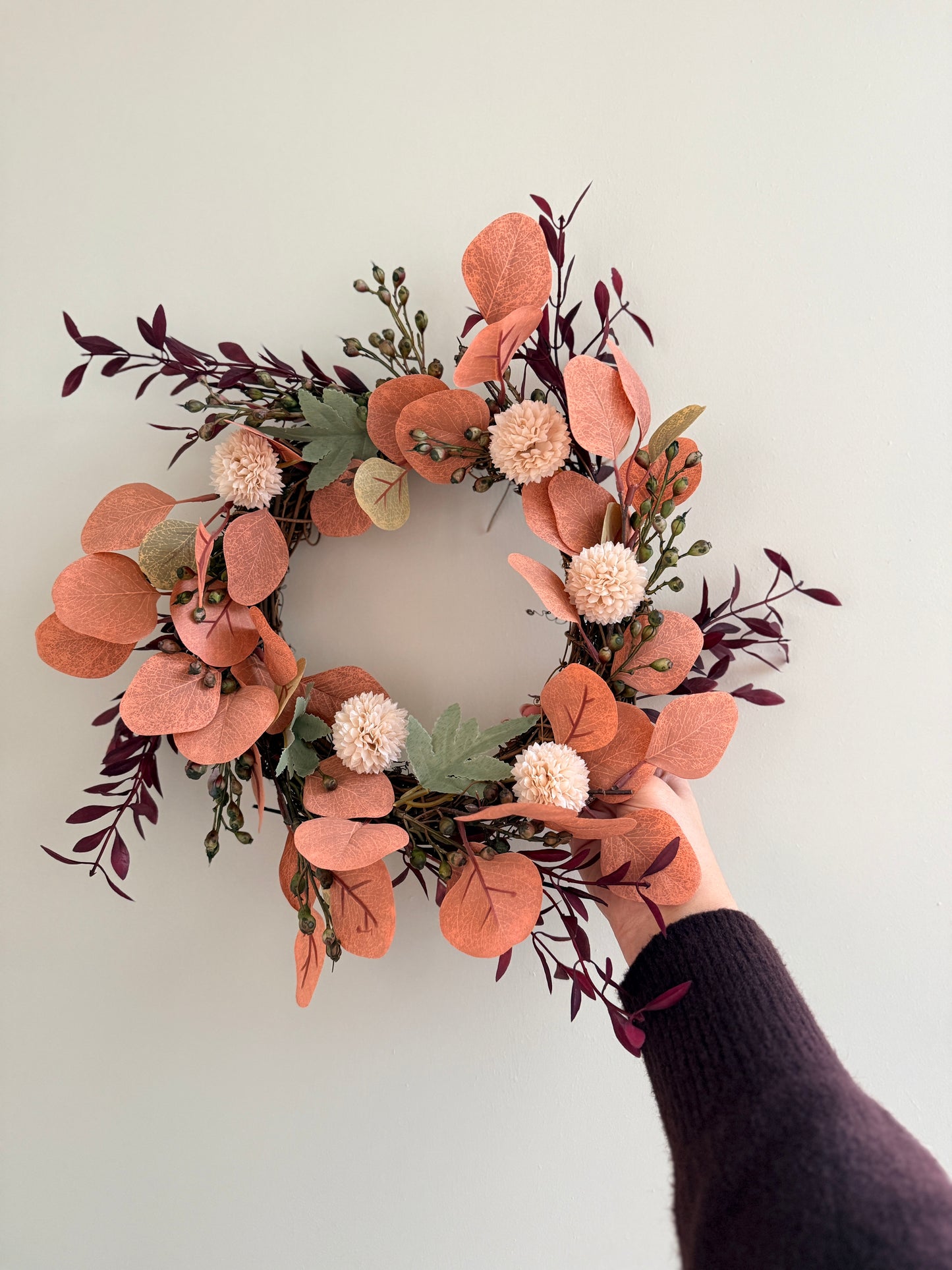 Autumn Eucalyptus Candle  Door Wreath – Burnt Orange & Blush Faux Floral Arrangement’s Red