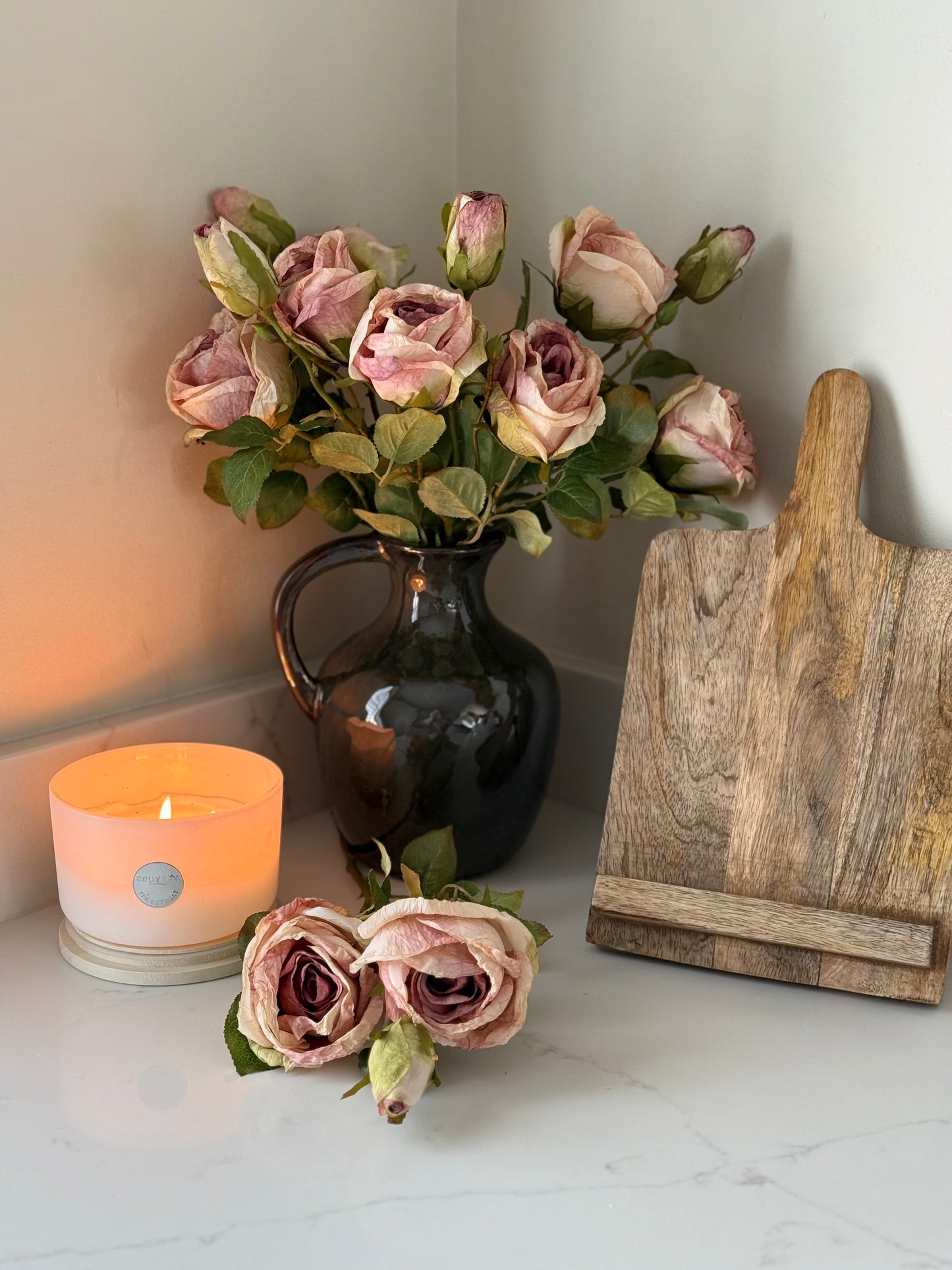 Dusky Pink Rose Spray & Green Vase