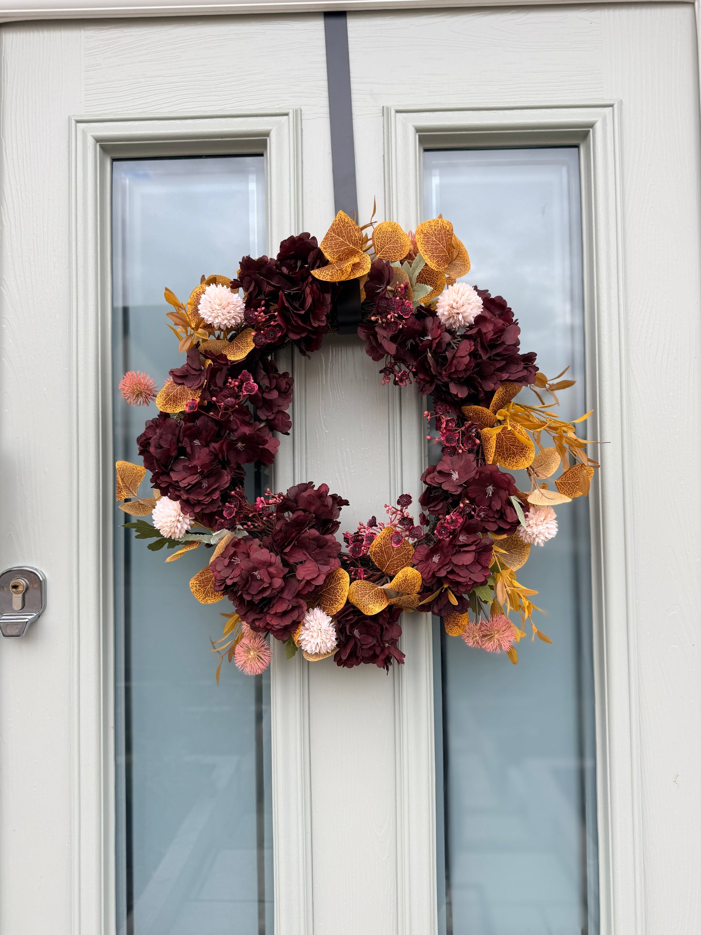 Autumn Burgundy & Mustard Floral Door Wreath | Handmade Front Door Decoration | Fall Hydrangea Wreath | Rustic Home Decor
