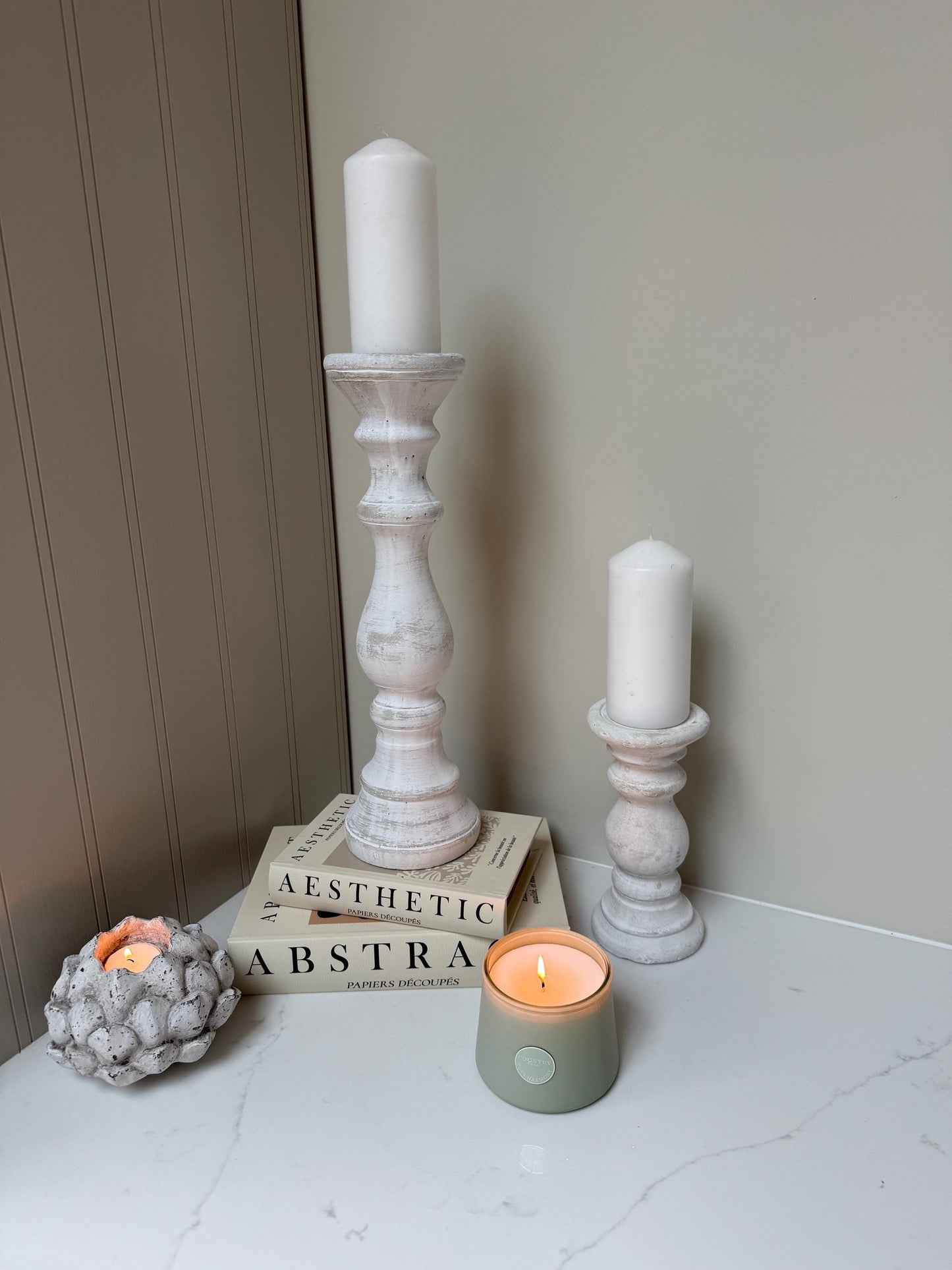 Handcrafted Whitewashed Stone Pillar Candle Stick Stand Holders