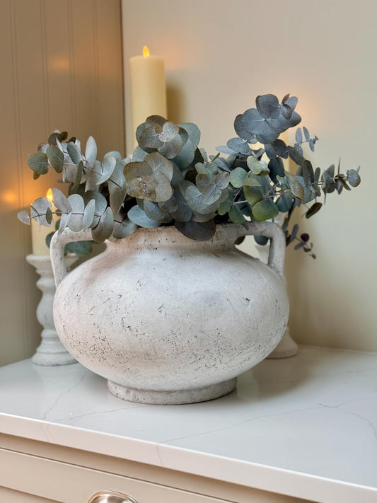 Large Rustic Stone Vase with Handles: Distressed Grey Concrete Finish