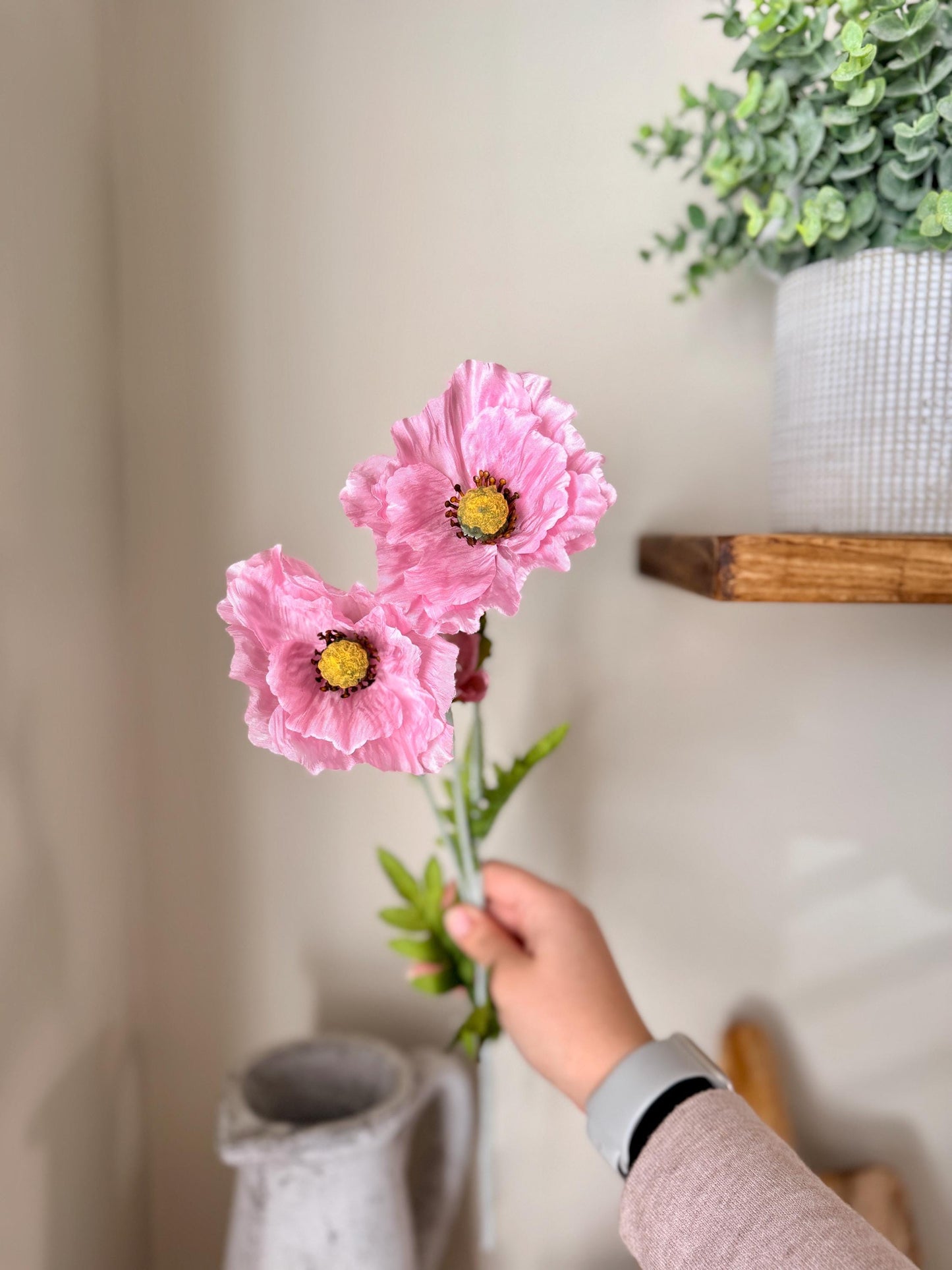 Tall Poppy Stems in Pink & White – Artificial Flowers | Realistic Poppies for Vases, Rustic Farmhouse Modern Home Decor