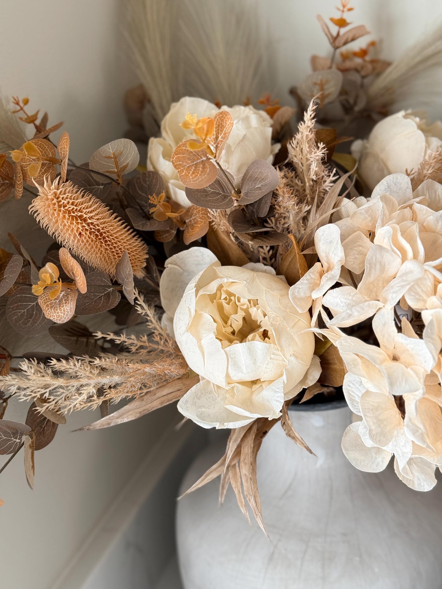 Sophia | Handmade Autumn Dried Look Boho Faux Flower Arrangement with Peonies, Hydrangea, Pampas & Eucalyptus | Neutral Wedding Flowers