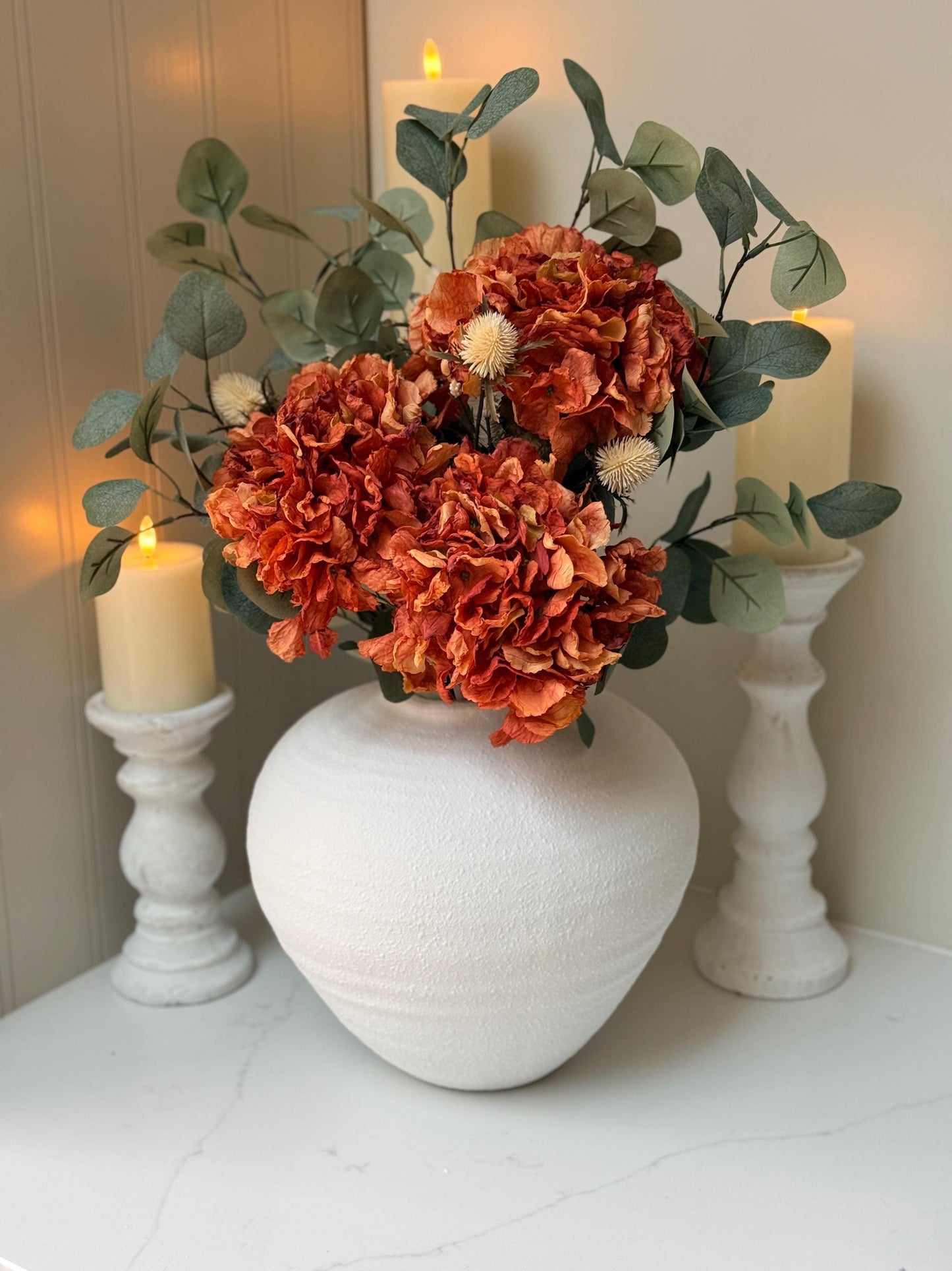 Handmade Luxury Silk Autumn Floral Arrangement | Orange Dried Hydrangea Artificial Flower Bouquet