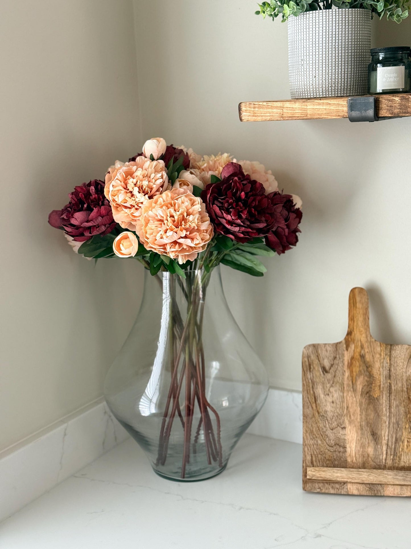 Burgundy and Pale Pink Peony Realistic Artificial Faux Silk Flower Stem