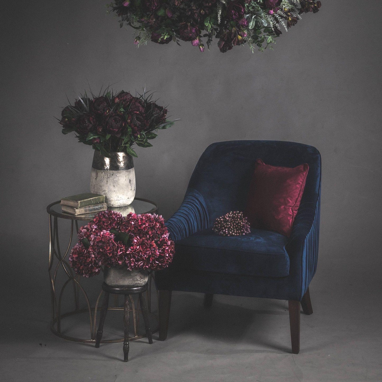 Autumn Ruby Red Burgundy Artificial Hydrangea Stems | 42cm Silk Faux Flowers