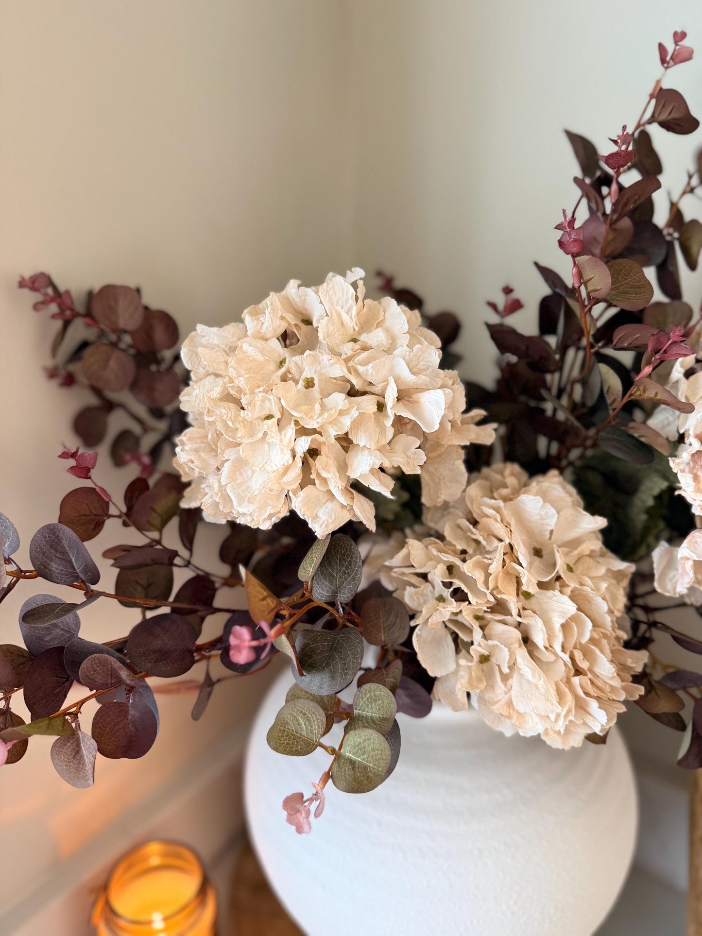 Handmade Luxury Silk Autumn Floral Arrangement | Burgundy and Blush Dried Hydrangea Artificial Flower Bouquet with White Vase - "Nala"