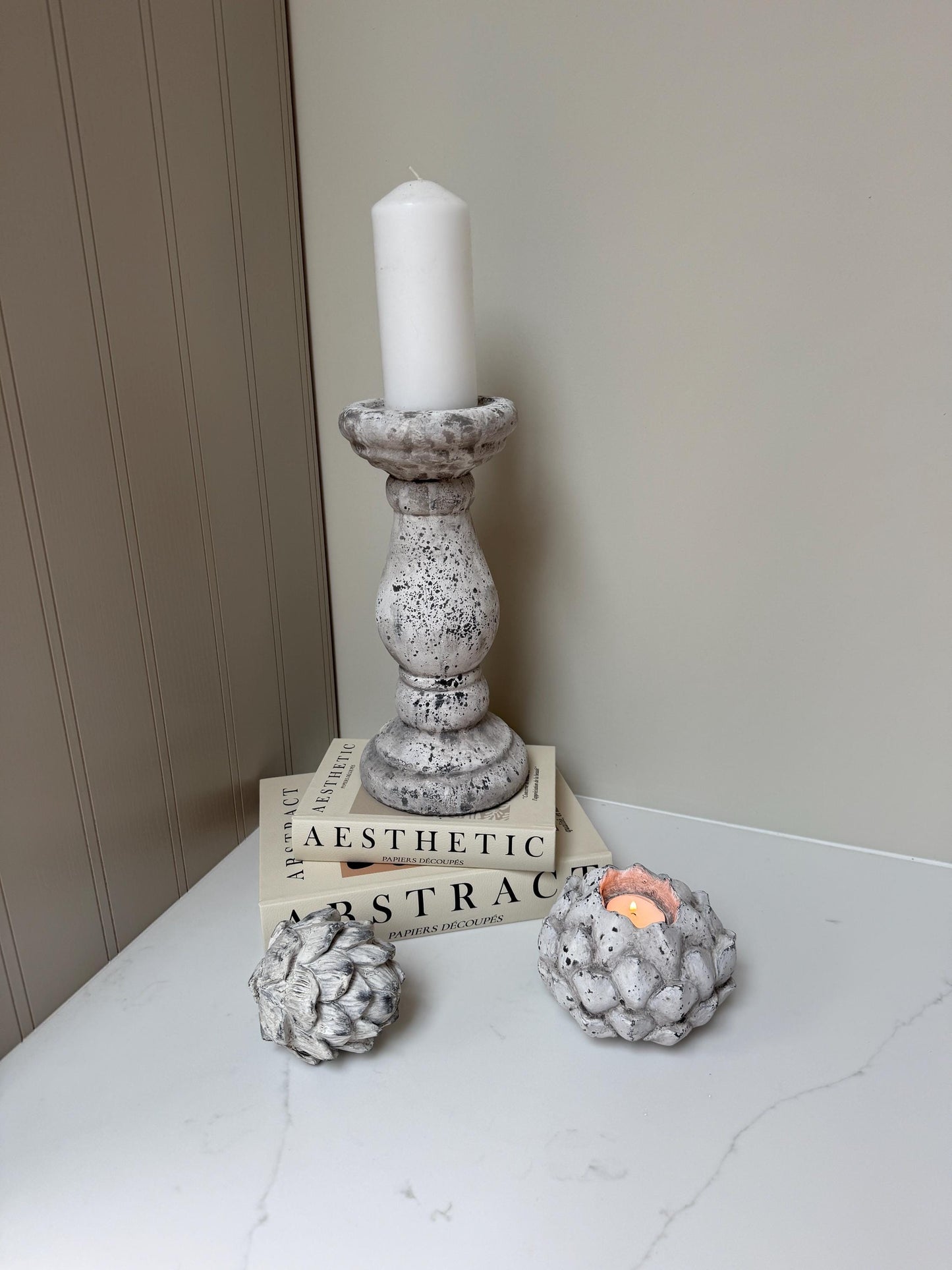 Handcrafted Neutral Ceramic Pillar Candle Stick Holder Stand