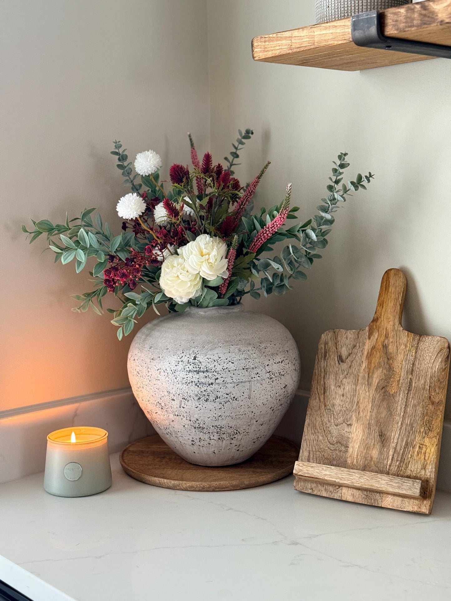 Aurora – Handmade Luxury Autumn Faux Burgundy Flower Cream Ranunculus Arrangement