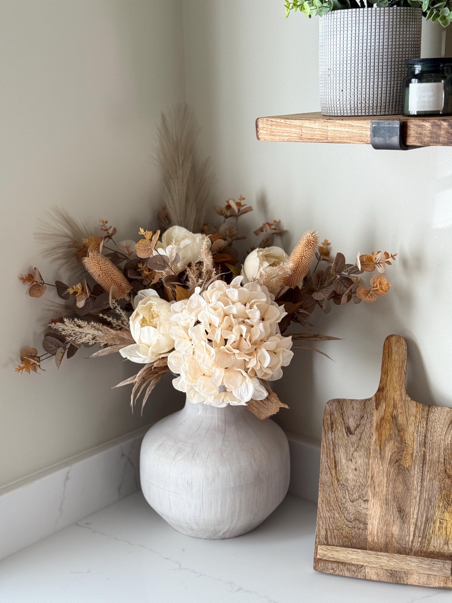 Sophia | Handmade Autumn Dried Look Boho Faux Flower Arrangement with Peonies, Hydrangea, Pampas & Eucalyptus | Neutral Wedding Flowers