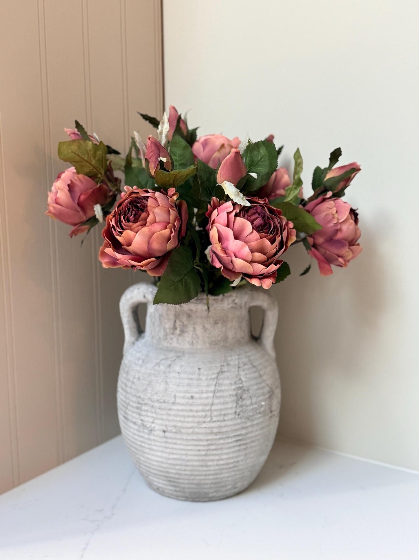 Athena Stone Amphora Pot – Rustic Stone Effect Decorative Vase with Handles - NalaWillowCo