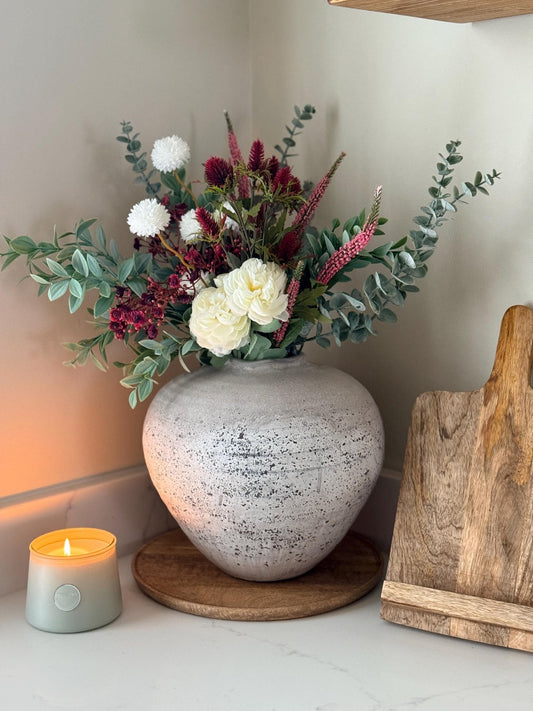 Aurora – Handmade Luxury Autumn Faux Burgundy Flower Cream Ranunculus Arrangement - NalaWillowCo