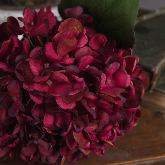 Autumn Ruby Red Burgundy Artificial Hydrangea Stems | 42cm Silk Faux Flowers - NalaWillowCo