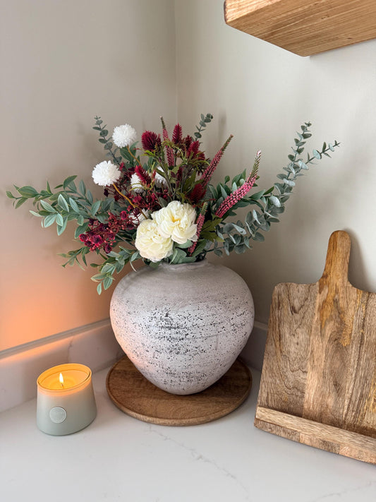 Aurora – Handmade Luxury Autumn Faux Burgundy Flower Cream Ranunculus Arrangement