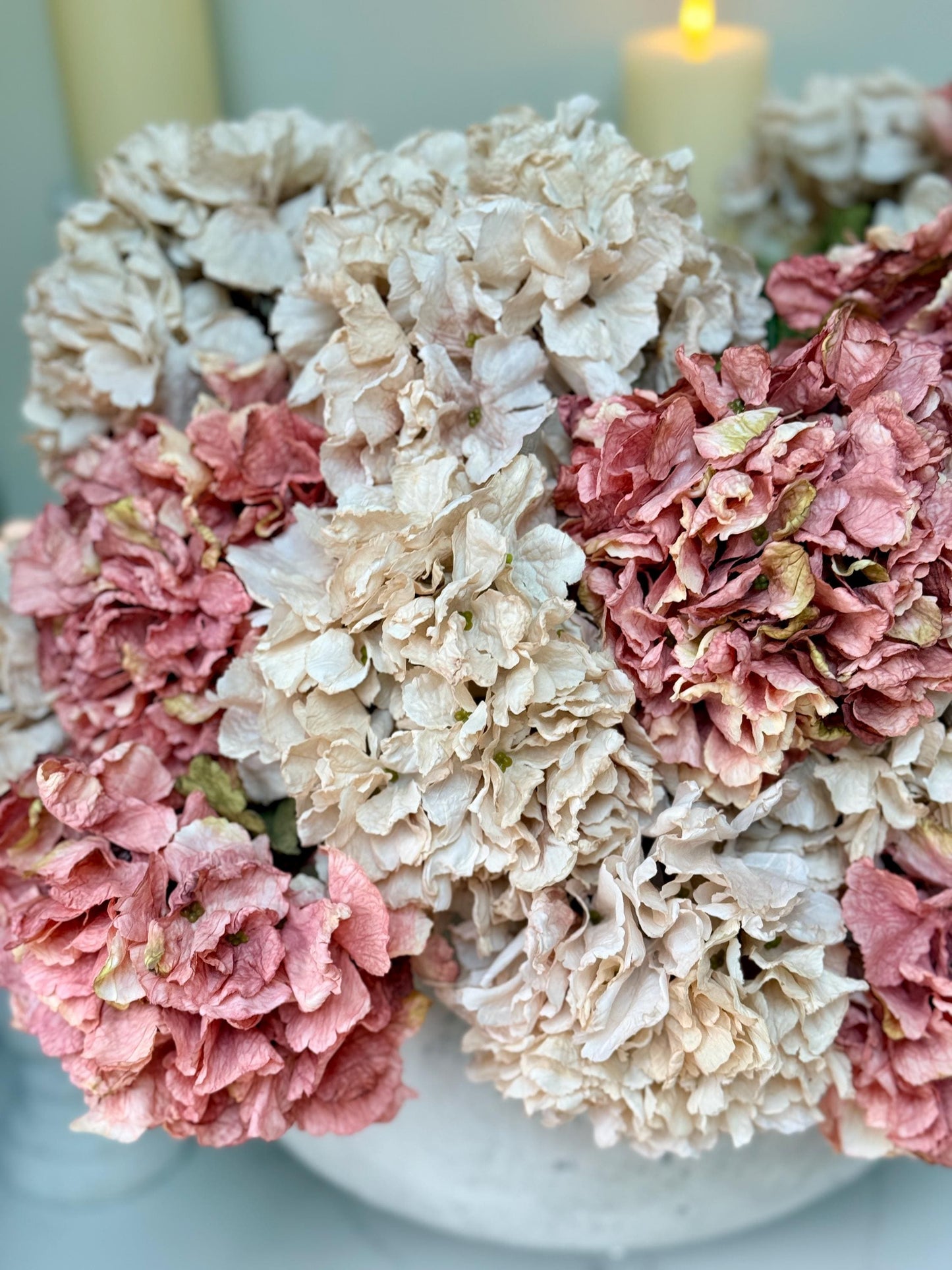 Dried Look Blush and Dusky Pink Artificial Hydrangea Stems