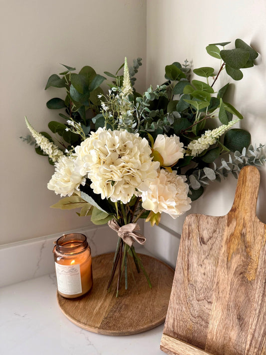 Charlotte White Faux Flower Bouquet – Hydrangea & Peony Arrangement | Elegant Wedding Bouquet | Neutral Home Decor | Eucalyptus Stems - NalaWillowCo