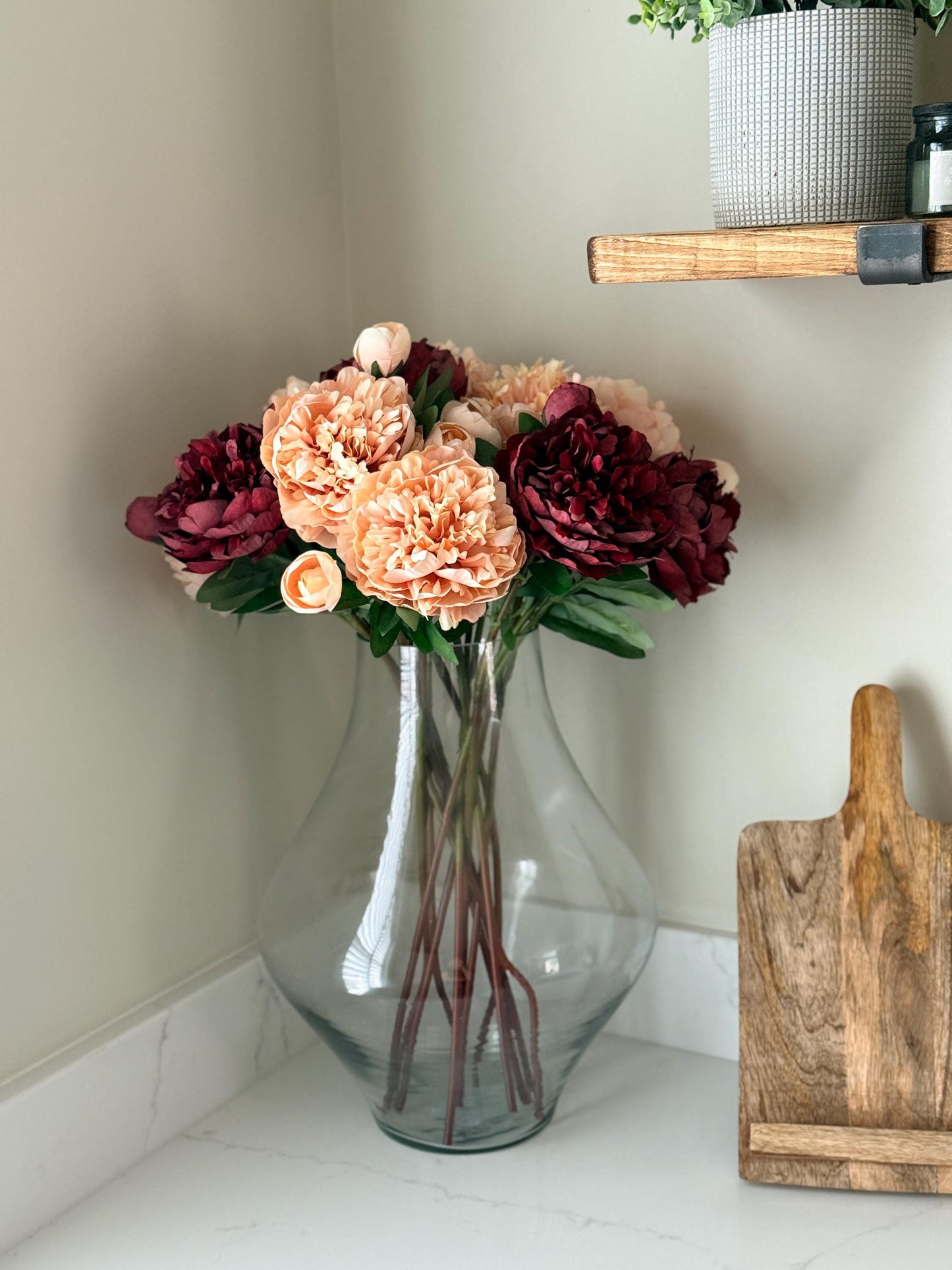 Burgundy and Pale Pink Peony Realistic Artificial Faux Silk Flower Stem