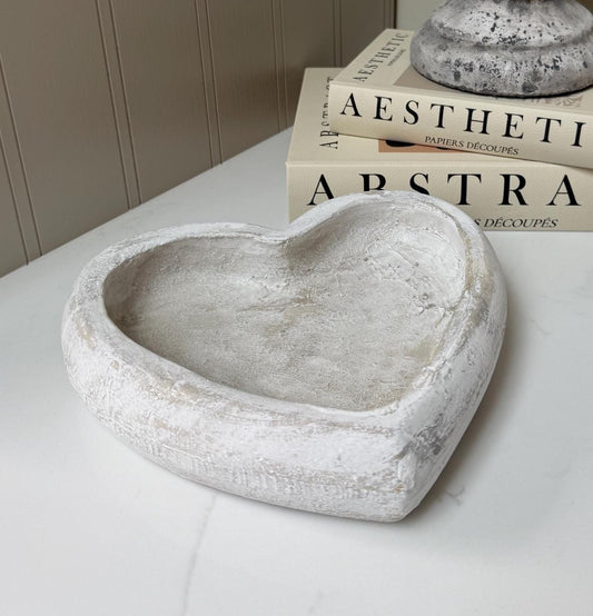 Rustic White Washed Grey Heart-Shaped Stone Trinket Dish