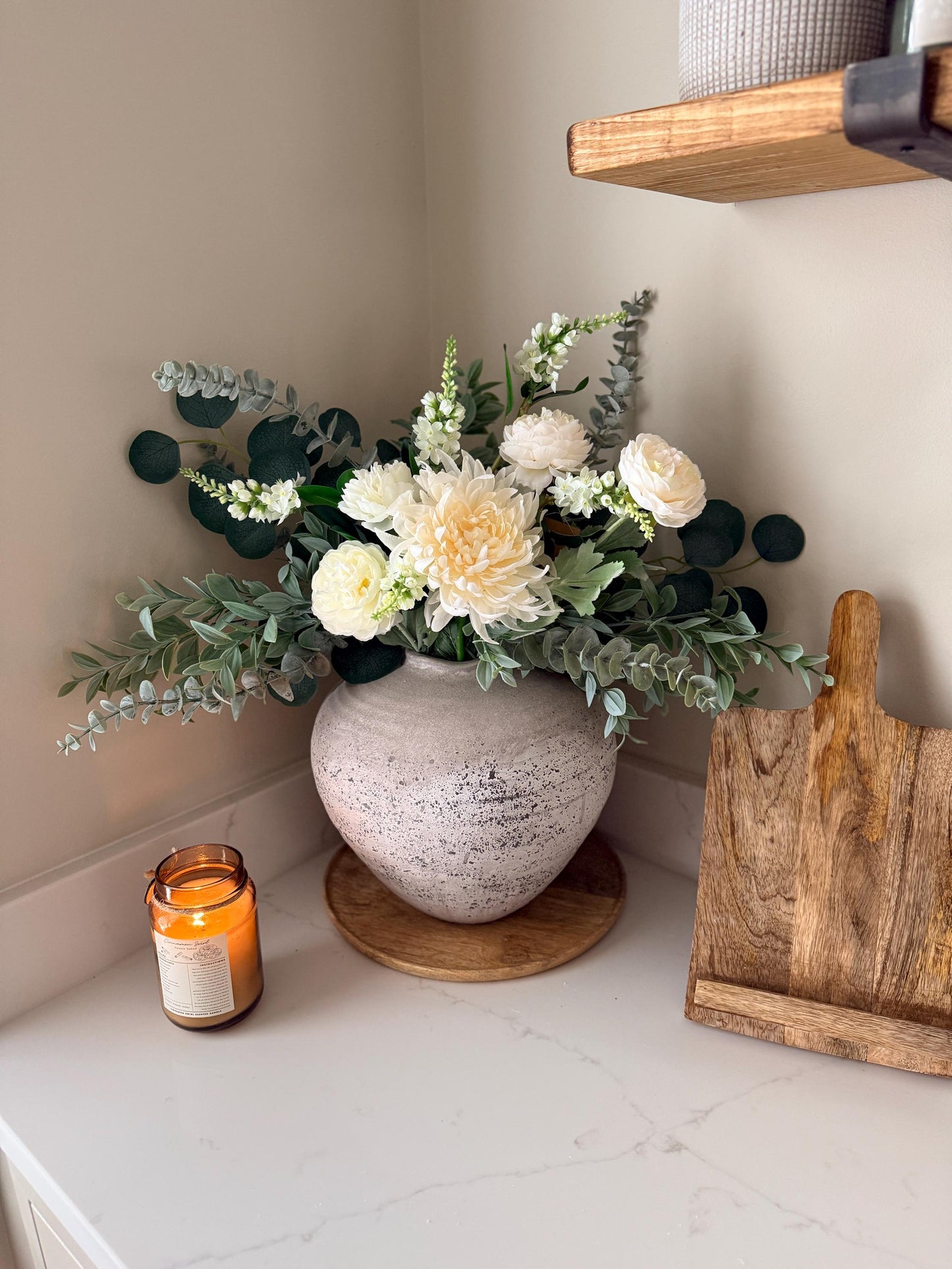 White Wedding Handmade Faux Flower Arrangement | Luxury White & Green Eucalyptus Display