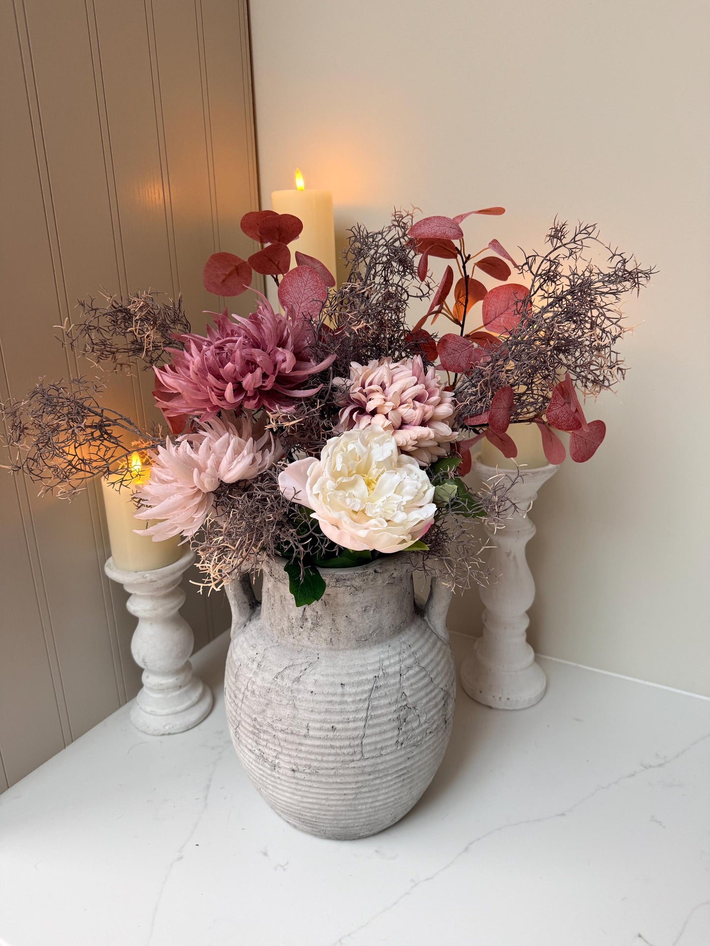Emilia – Luxury Autumn Faux Burgundy and Dusky Pink Silk Peony Chrysanthemum Arrangement