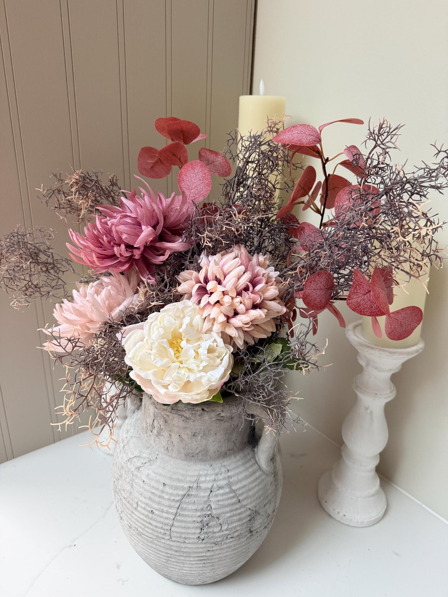 Emilia – Luxury Autumn Faux Burgundy and Dusky Pink Silk Peony Chrysanthemum Arrangement