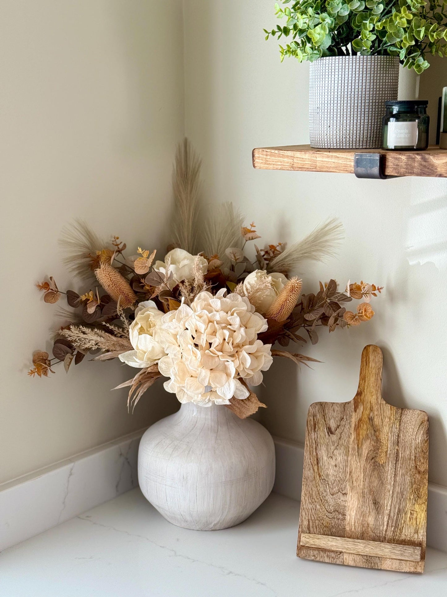 Sophia | Handmade Autumn Dried Look Boho Faux Flower Arrangement with Peonies, Hydrangea, Pampas & Eucalyptus | Neutral Wedding Flowers