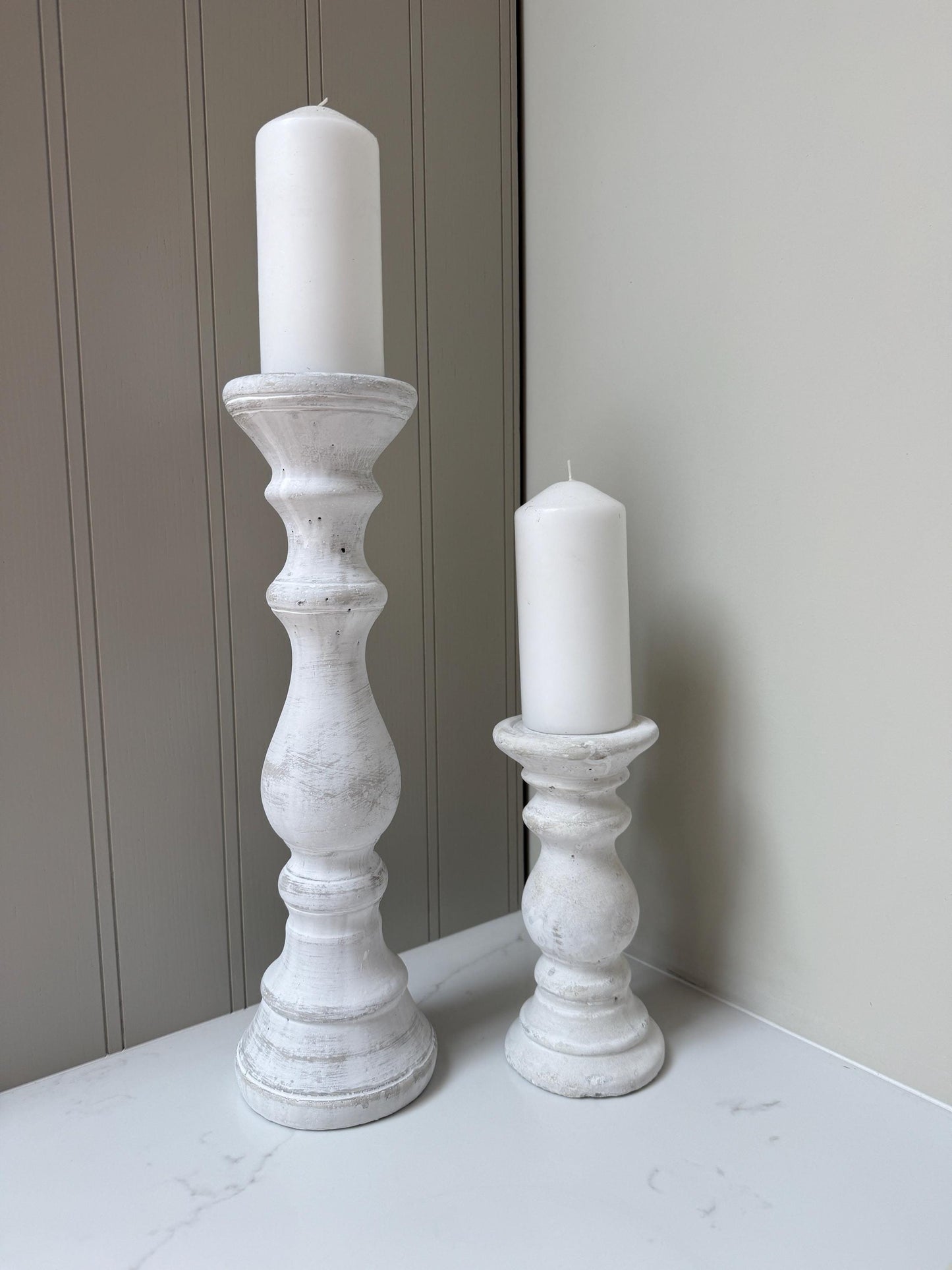 Handcrafted Whitewashed Stone Pillar Candle Stick Stand Holders