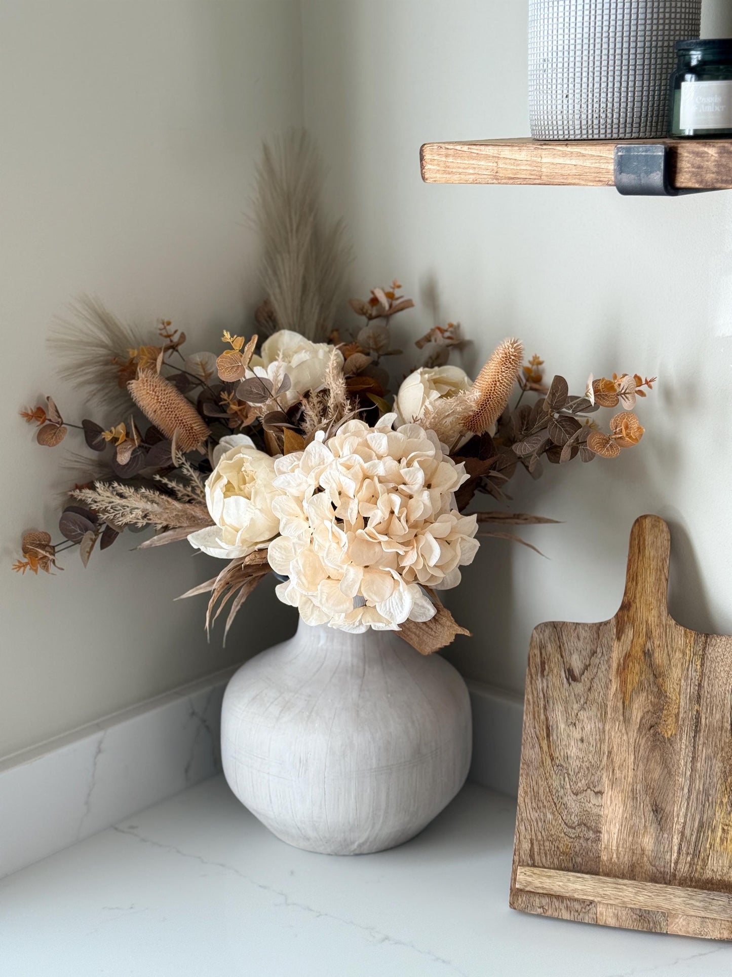 Sophia | Handmade Autumn Dried Look Boho Faux Flower Arrangement with Peonies, Hydrangea, Pampas & Eucalyptus | Neutral Wedding Flowers