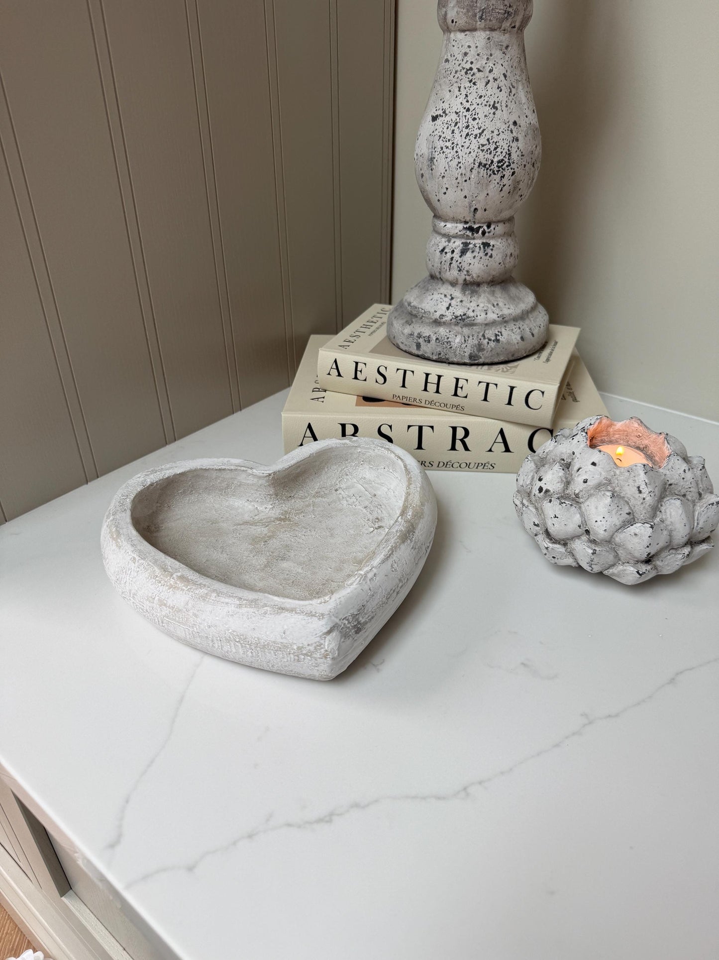Rustic White Washed Grey Heart-Shaped Stone Trinket Dish
