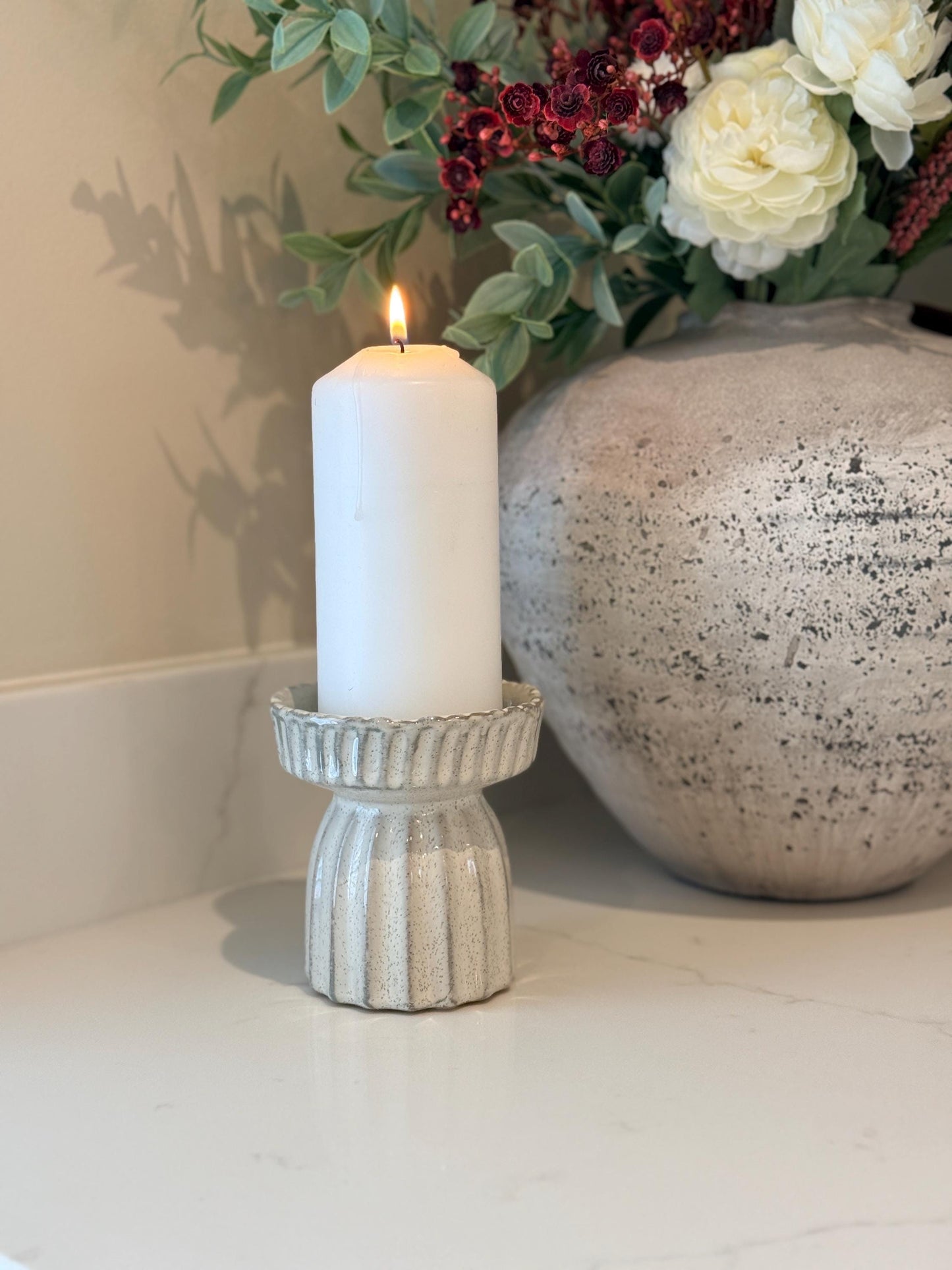 Handcrafted Neutral Ceramic Ribbed Beige Pillar Candle Stick Holder Stand