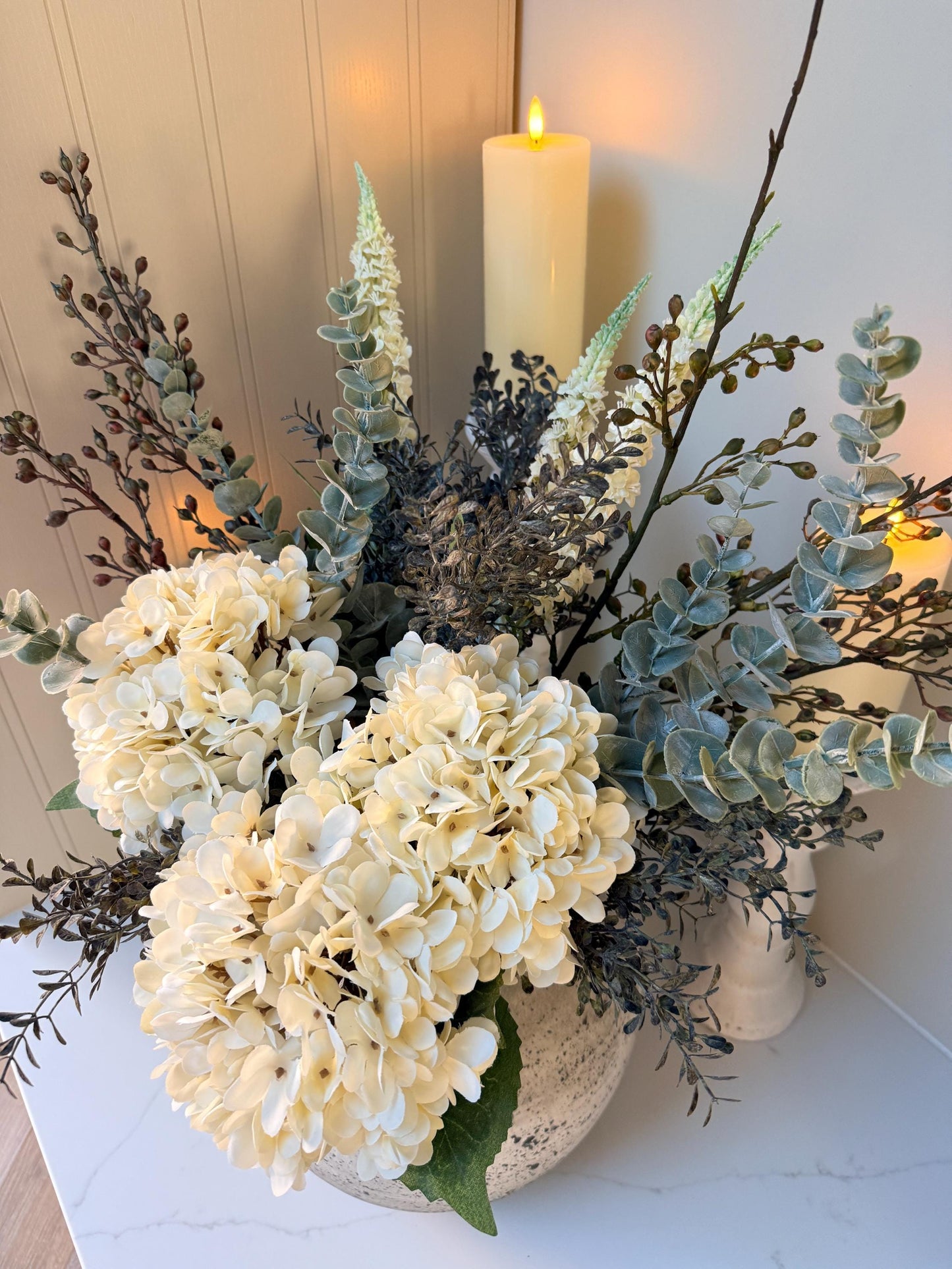 Gracie – Luxury Silk Autumn Floral Arrangement | White Hydrangea and Eucalyptus