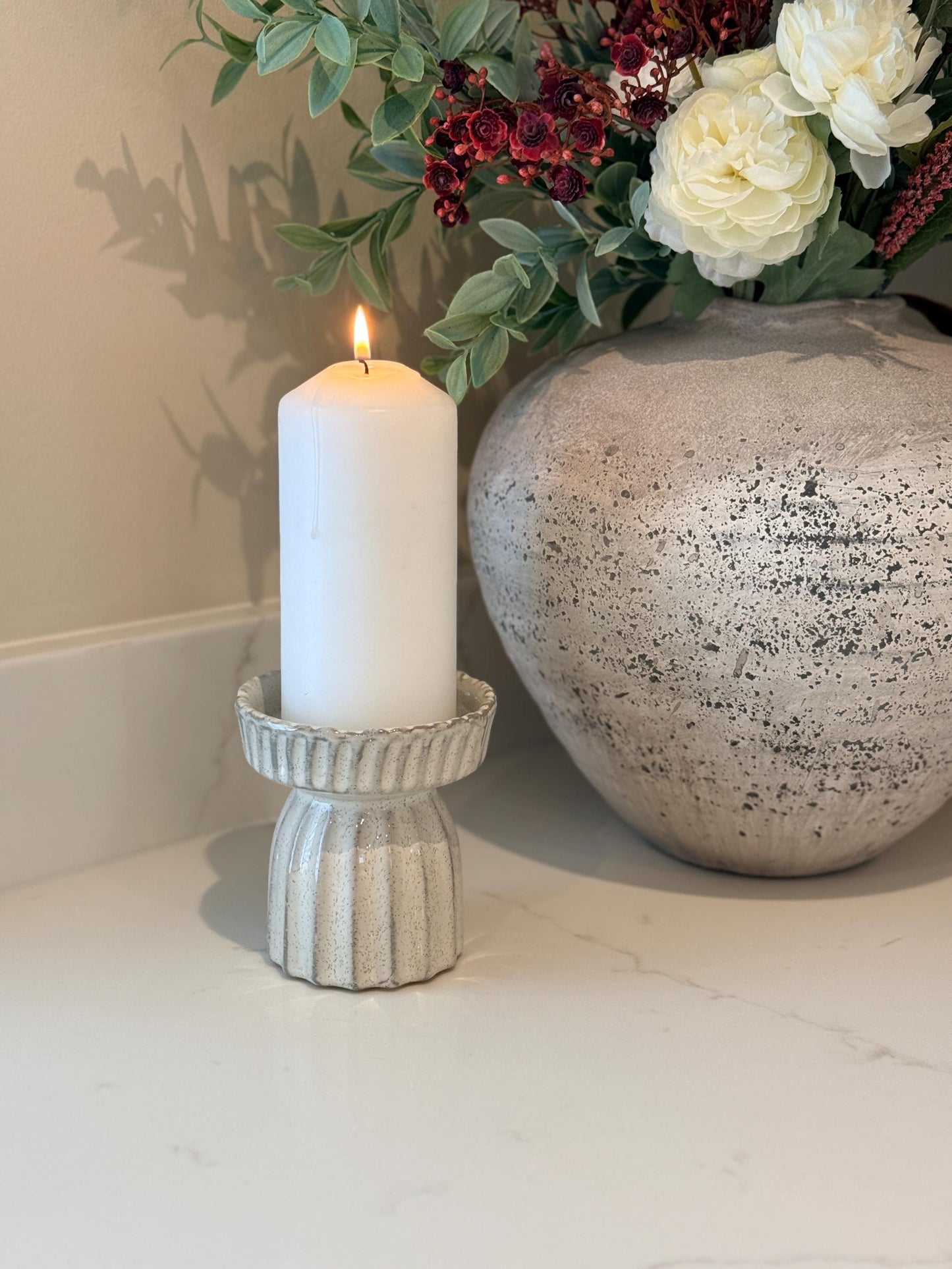 Handcrafted Neutral Ceramic Ribbed Beige Pillar Candle Stick Holder Stand