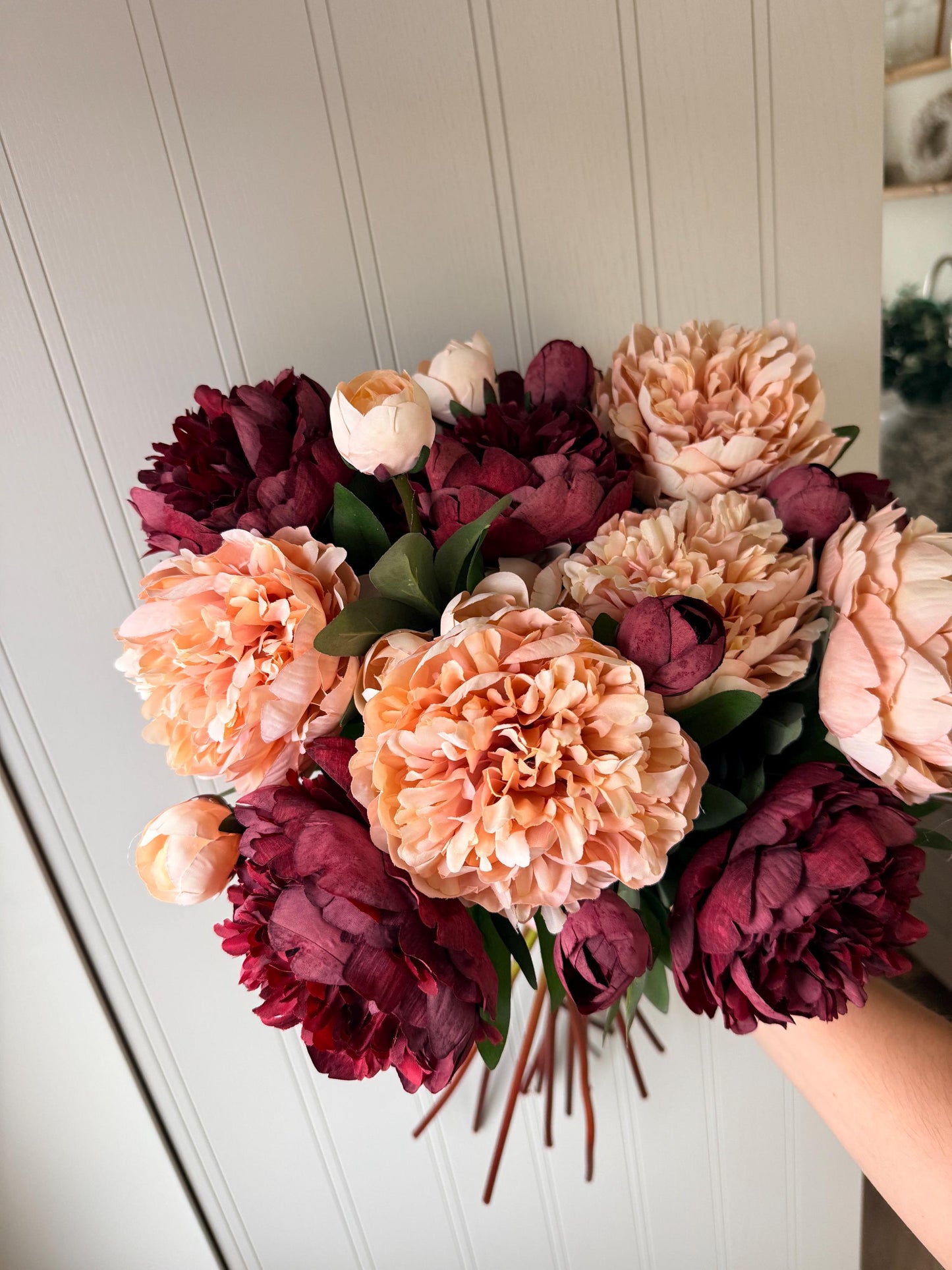 Burgundy and Pale Pink Peony Realistic Artificial Faux Silk Flower Stem