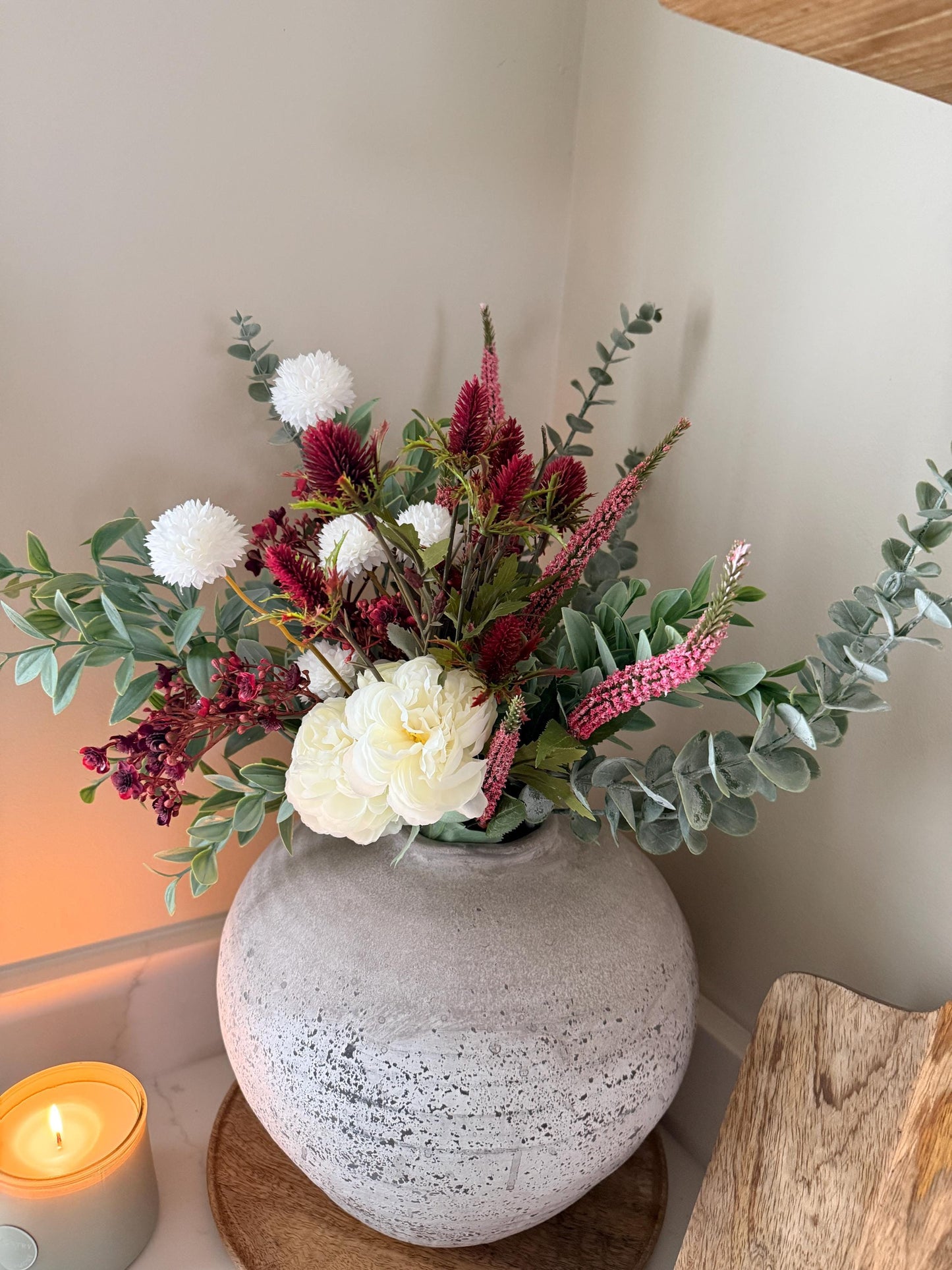 Aurora – Handmade Luxury Autumn Faux Burgundy Flower Cream Ranunculus Arrangement