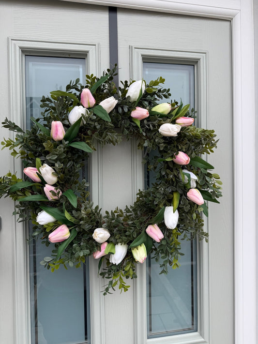 Extra Large 55cm Handmade White & Pink Tulip Wreath - NalaWillowCo