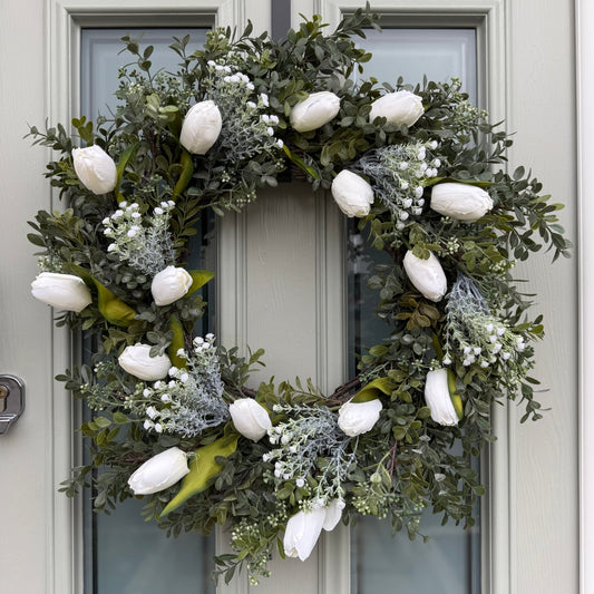 Extra Large 55cm Handmade White Tulip & Gyp Wreath - NalaWillowCo